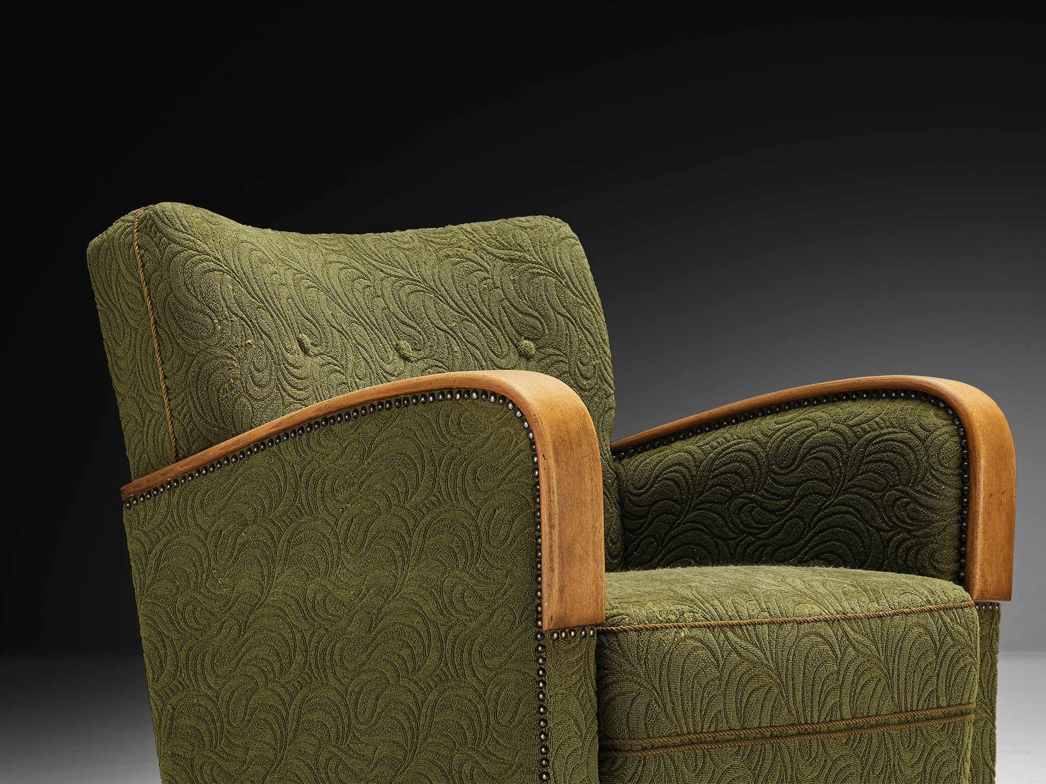 1950s Pair of Lounge Chairs in Wood and Green Fabric Seating Morentz