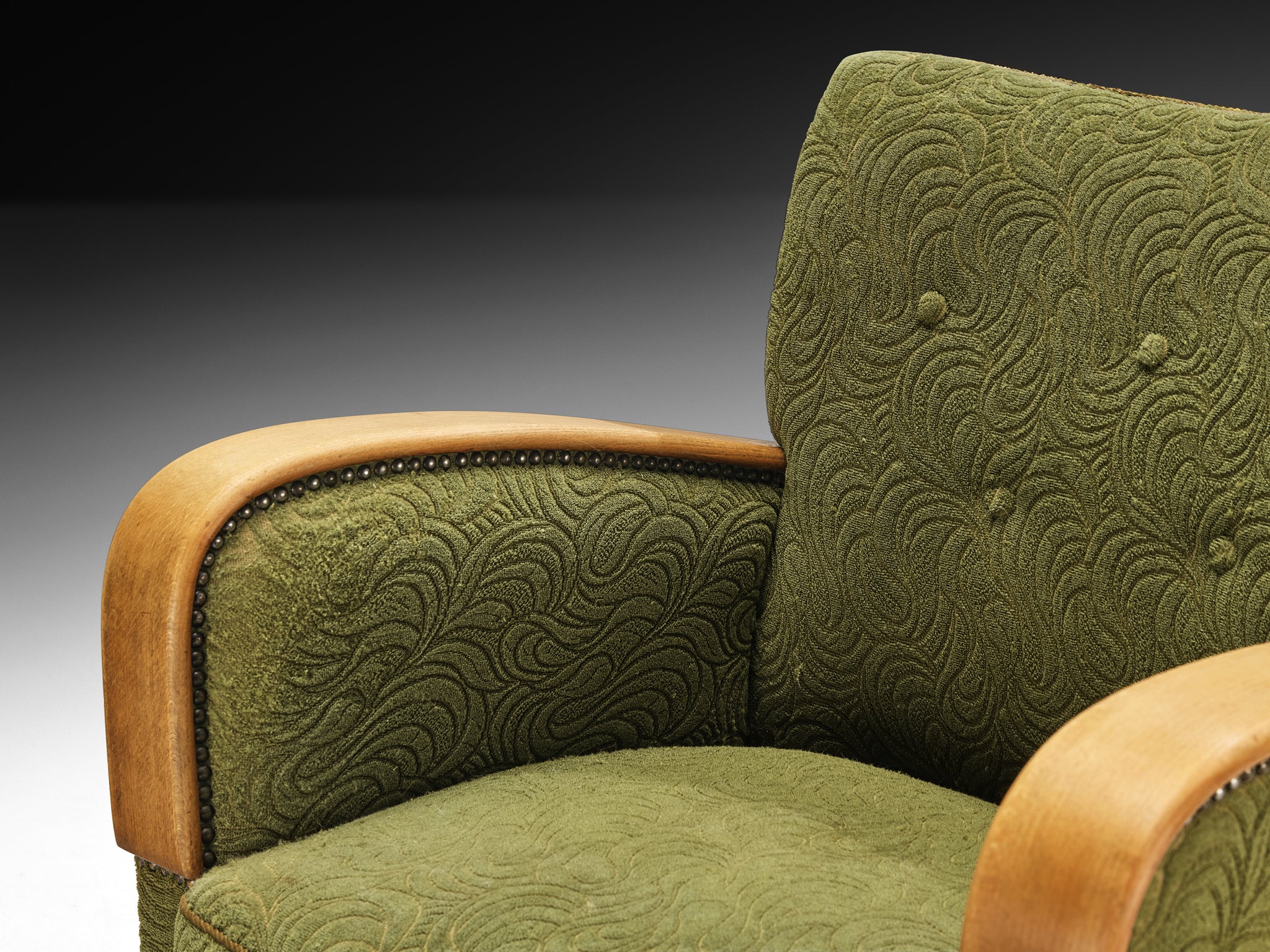 1950s Pair of Lounge Chairs in Wood and Green Fabric Seating Morentz