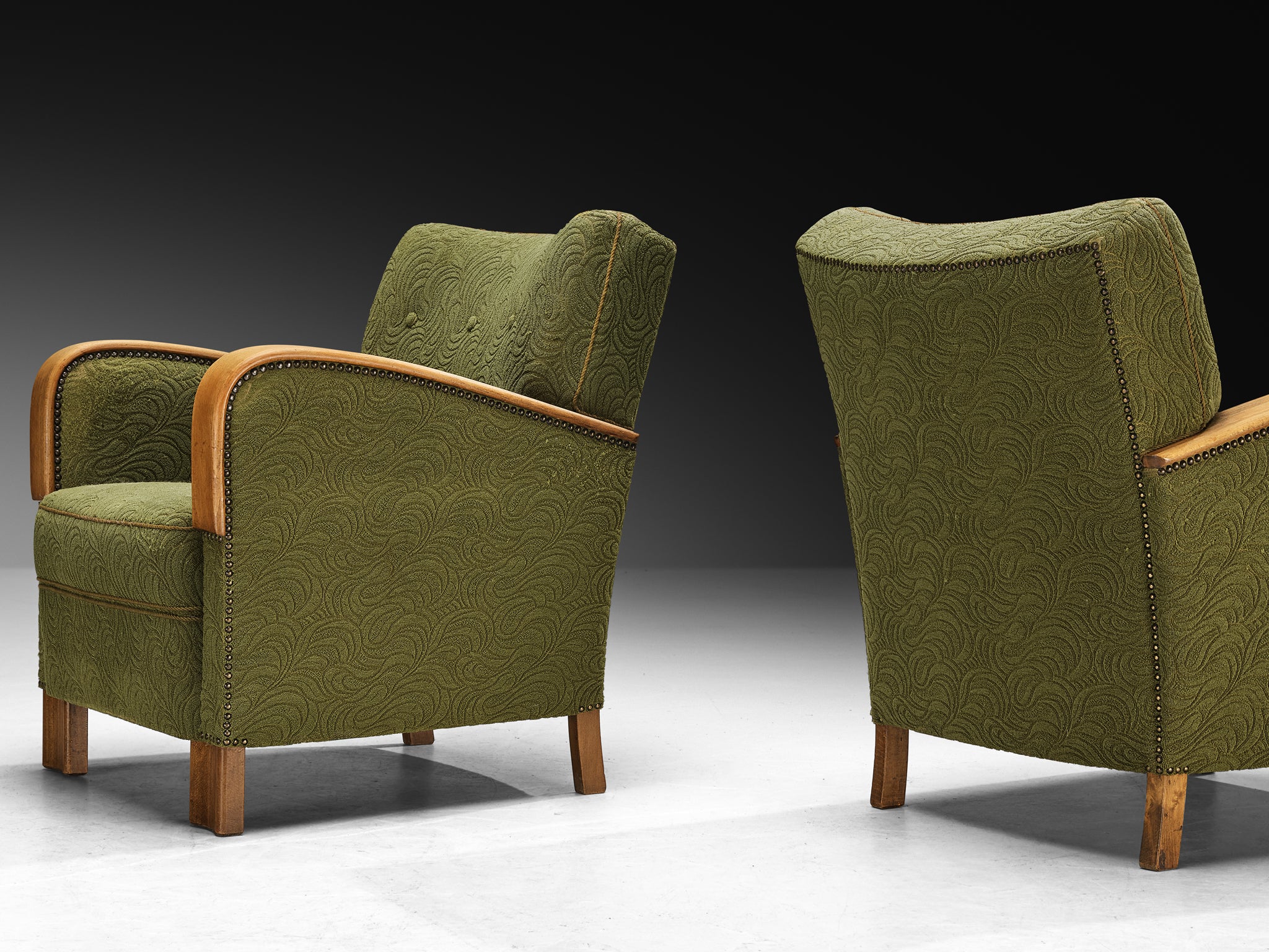 1950s Pair of Lounge Chairs in Wood and Green Fabric Seating Morentz