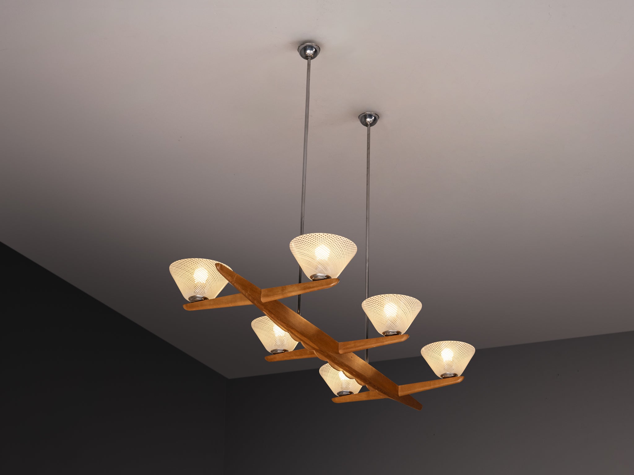 Mid-Century Modern Italian Chandelier in Reticello Murano Glass and Teak Lighting Morentz