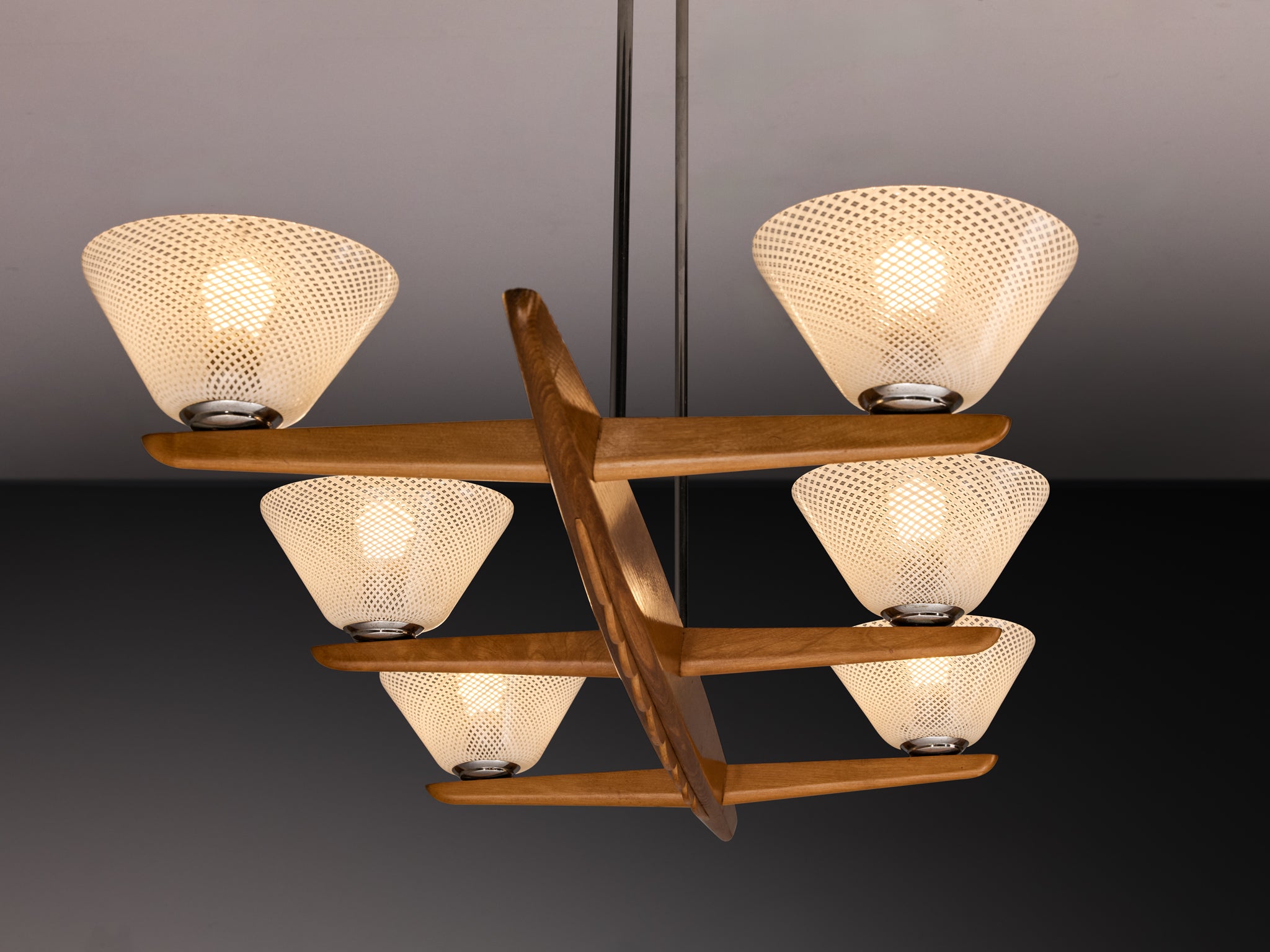 Mid-Century Modern Italian Chandelier in Reticello Murano Glass and Teak Lighting Morentz