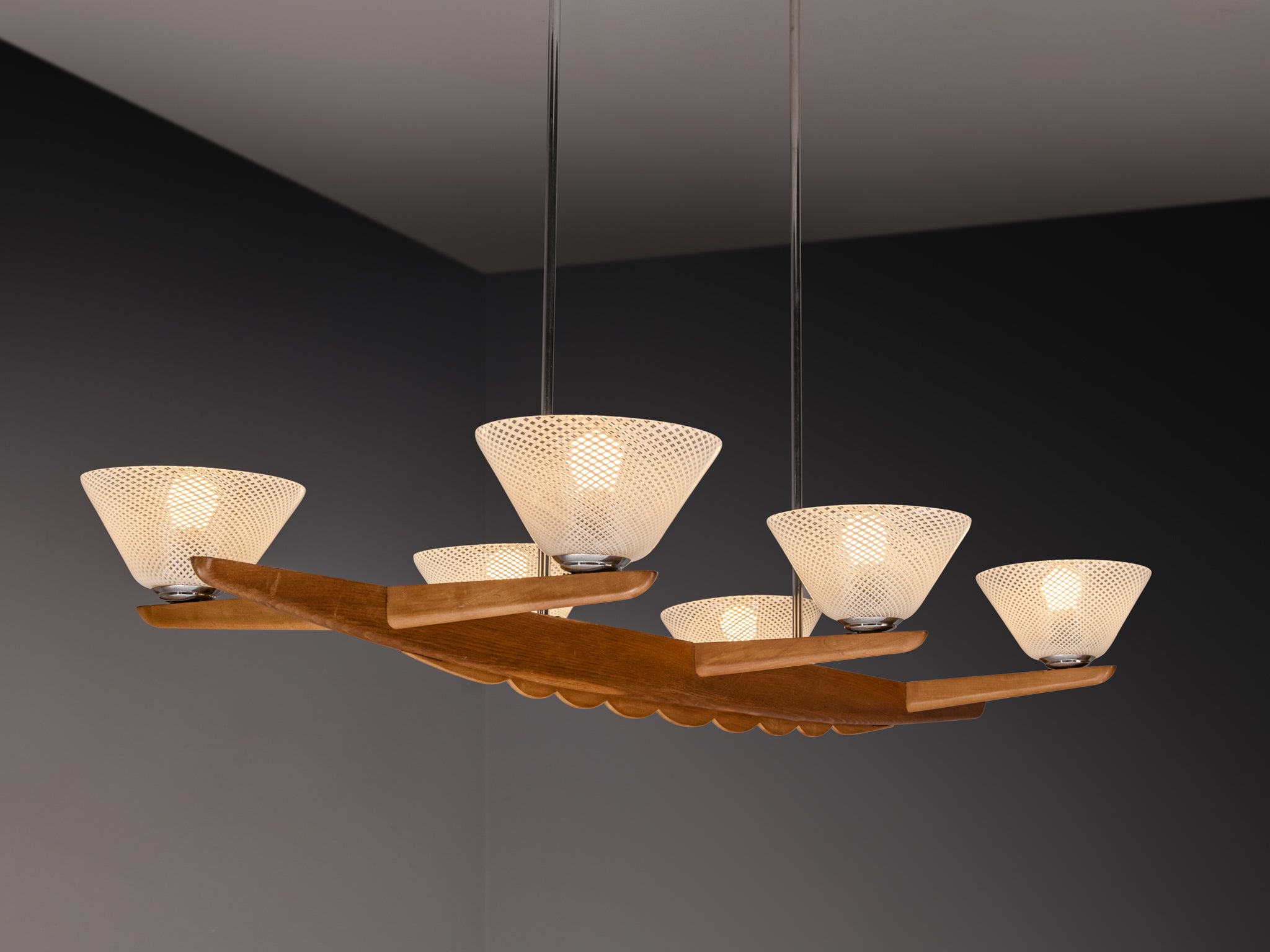 Mid-Century Modern Italian Chandelier in Reticello Murano Glass and Teak Lighting Morentz