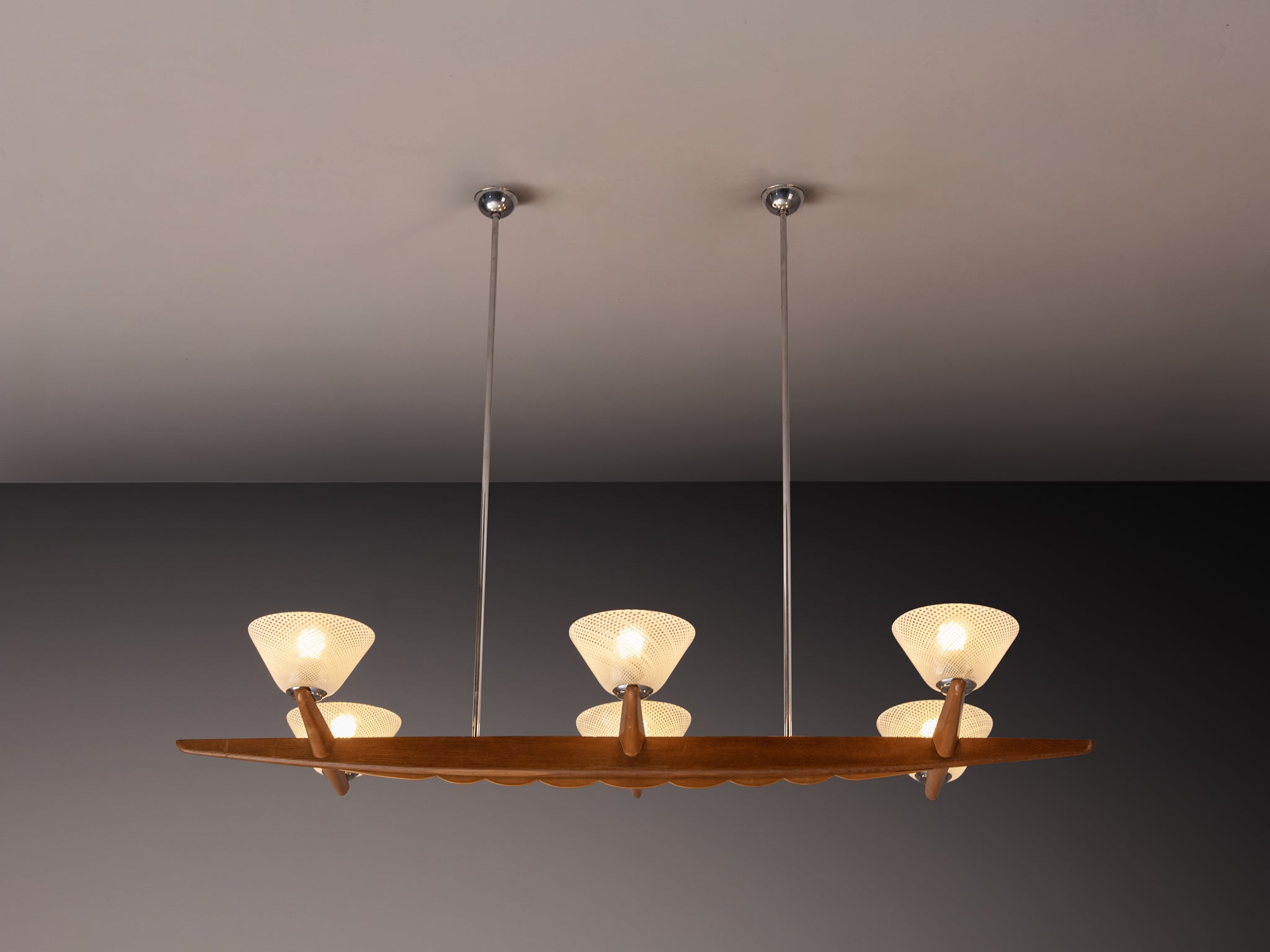 Mid-Century Modern Italian Chandelier in Reticello Murano Glass and Teak Lighting Morentz