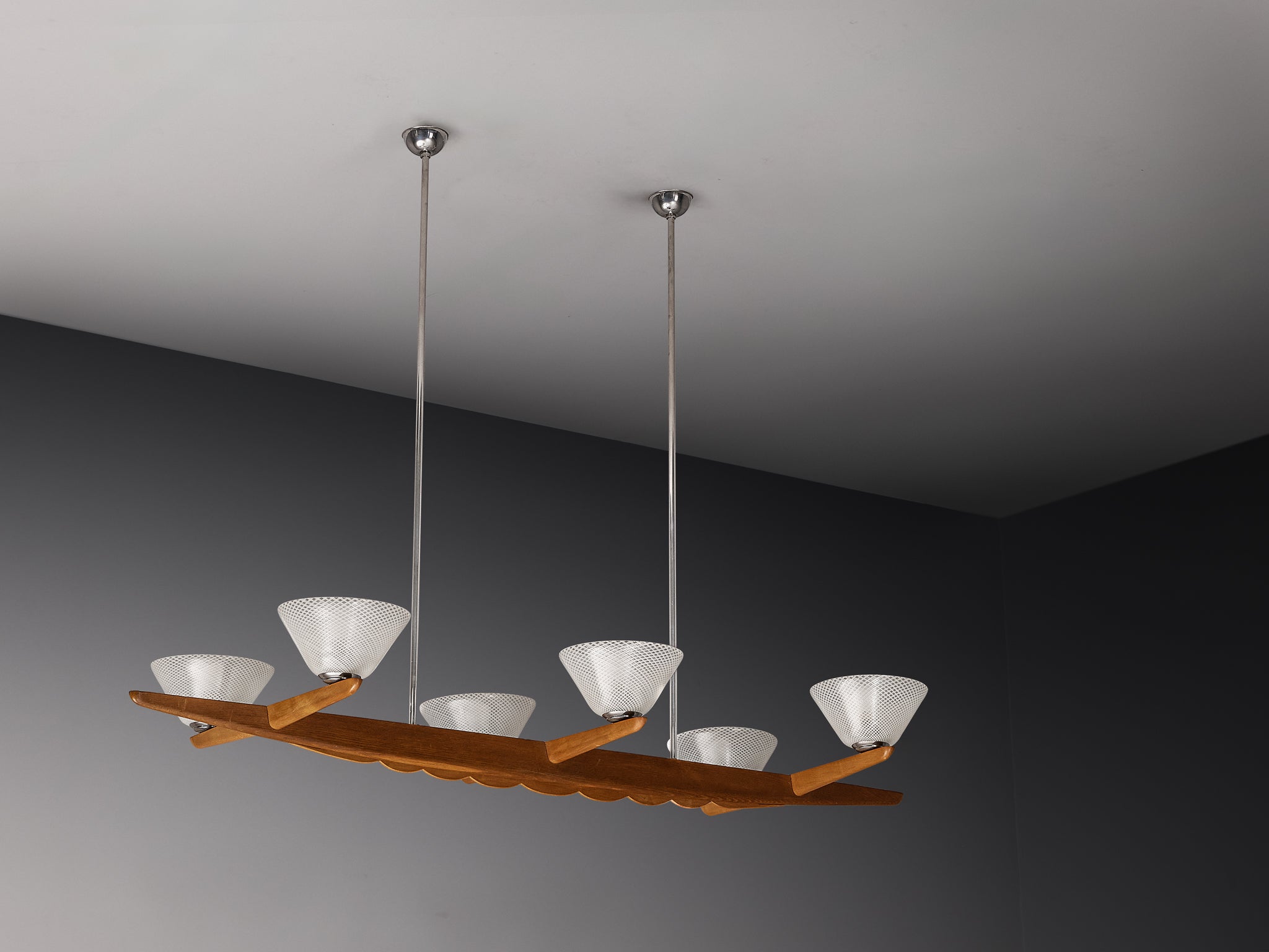Mid-Century Modern Italian Chandelier in Reticello Murano Glass and Teak Lighting Morentz
