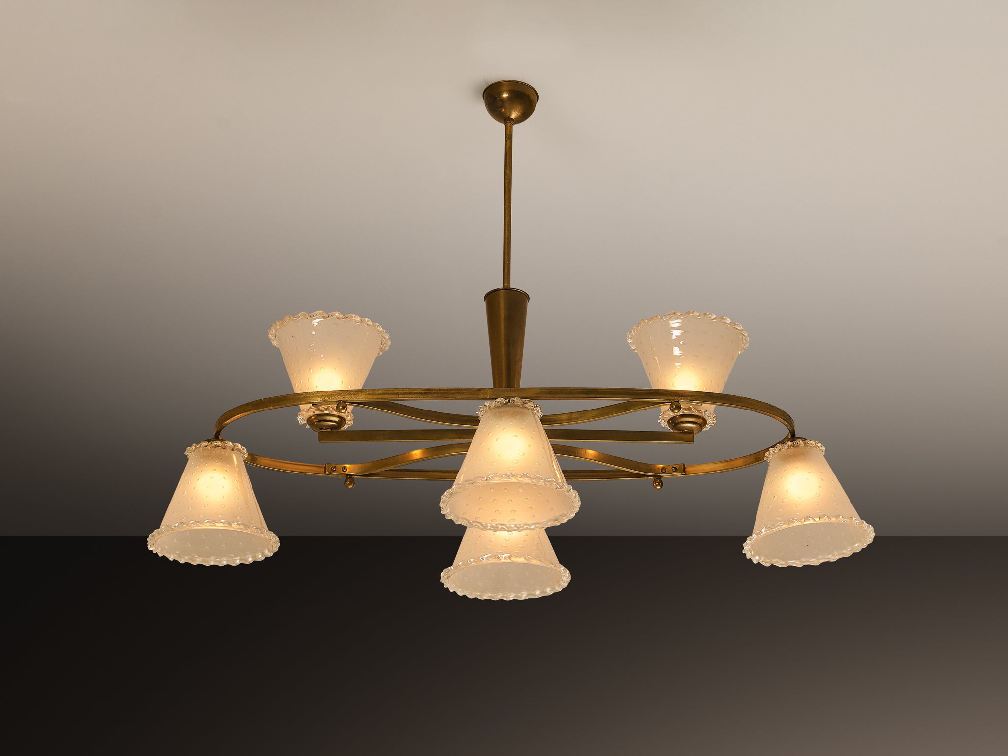 1950s Italian Chandelier in Brass and Frosted Glass Shades Lighting Morentz