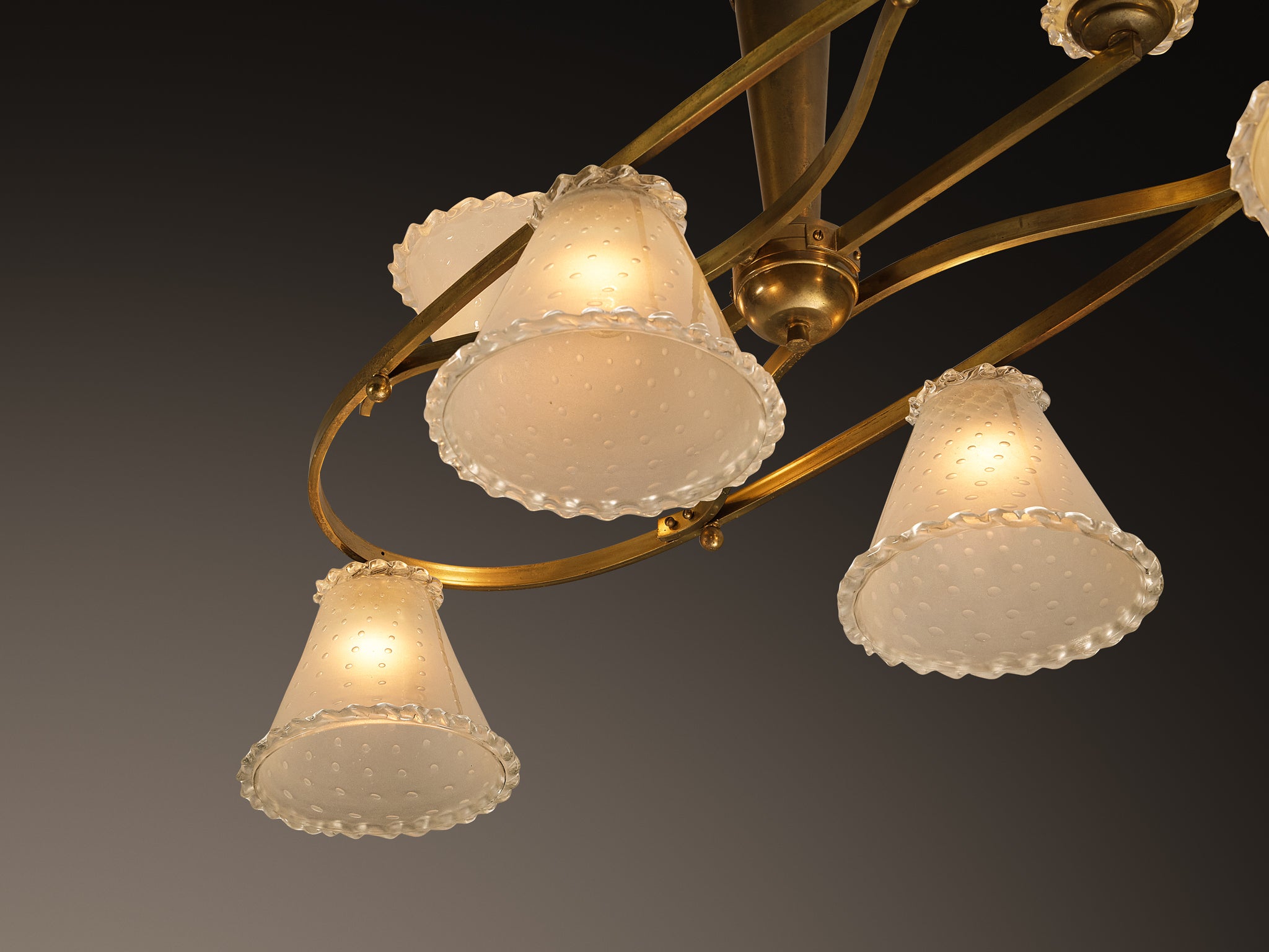 1950s Italian Chandelier in Brass and Frosted Glass Shades Lighting Morentz