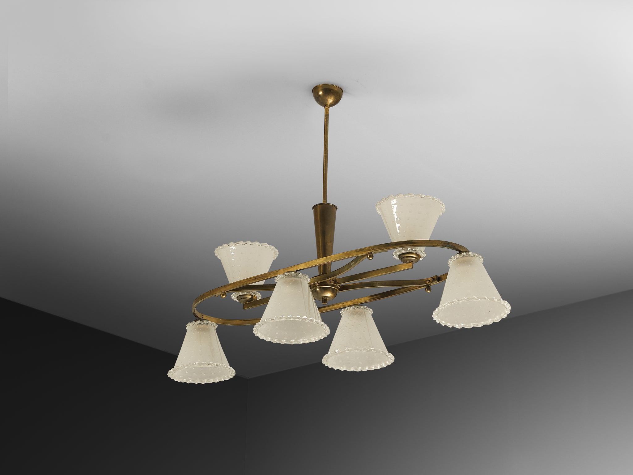 1950s Italian Chandelier in Brass and Frosted Glass Shades Lighting Morentz