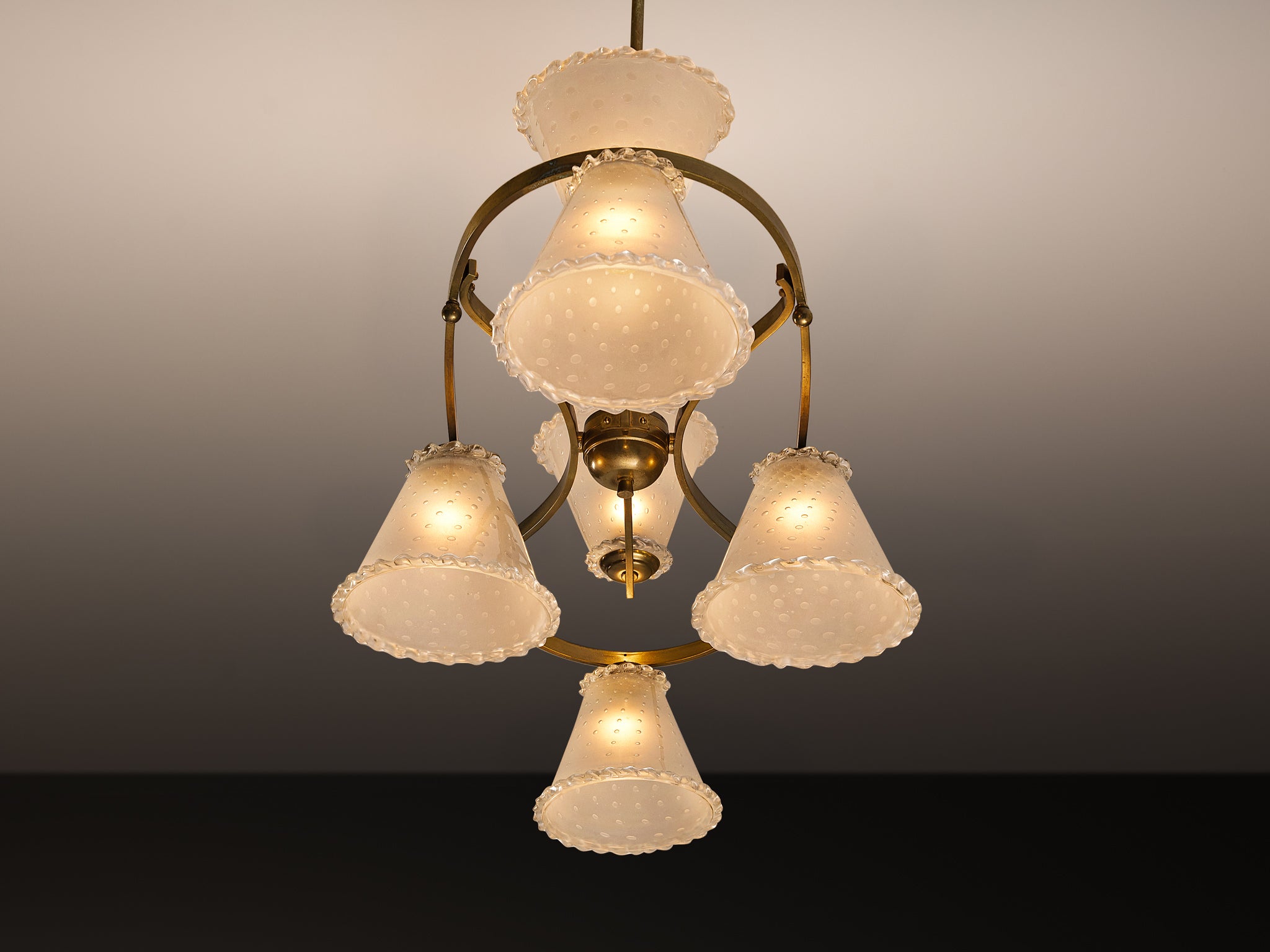1950s Italian Chandelier in Brass and Frosted Glass Shades Lighting Morentz