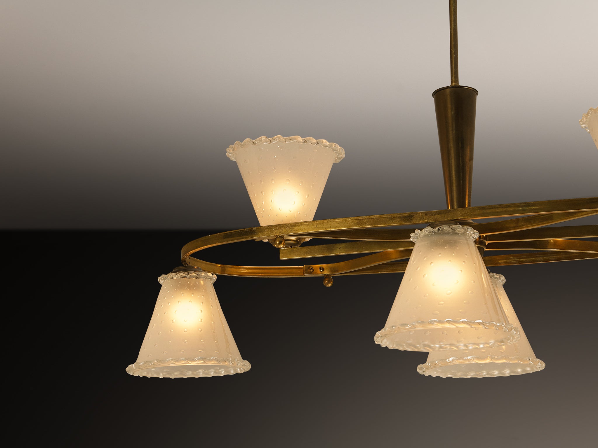 1950s Italian Chandelier in Brass and Frosted Glass Shades Lighting Morentz