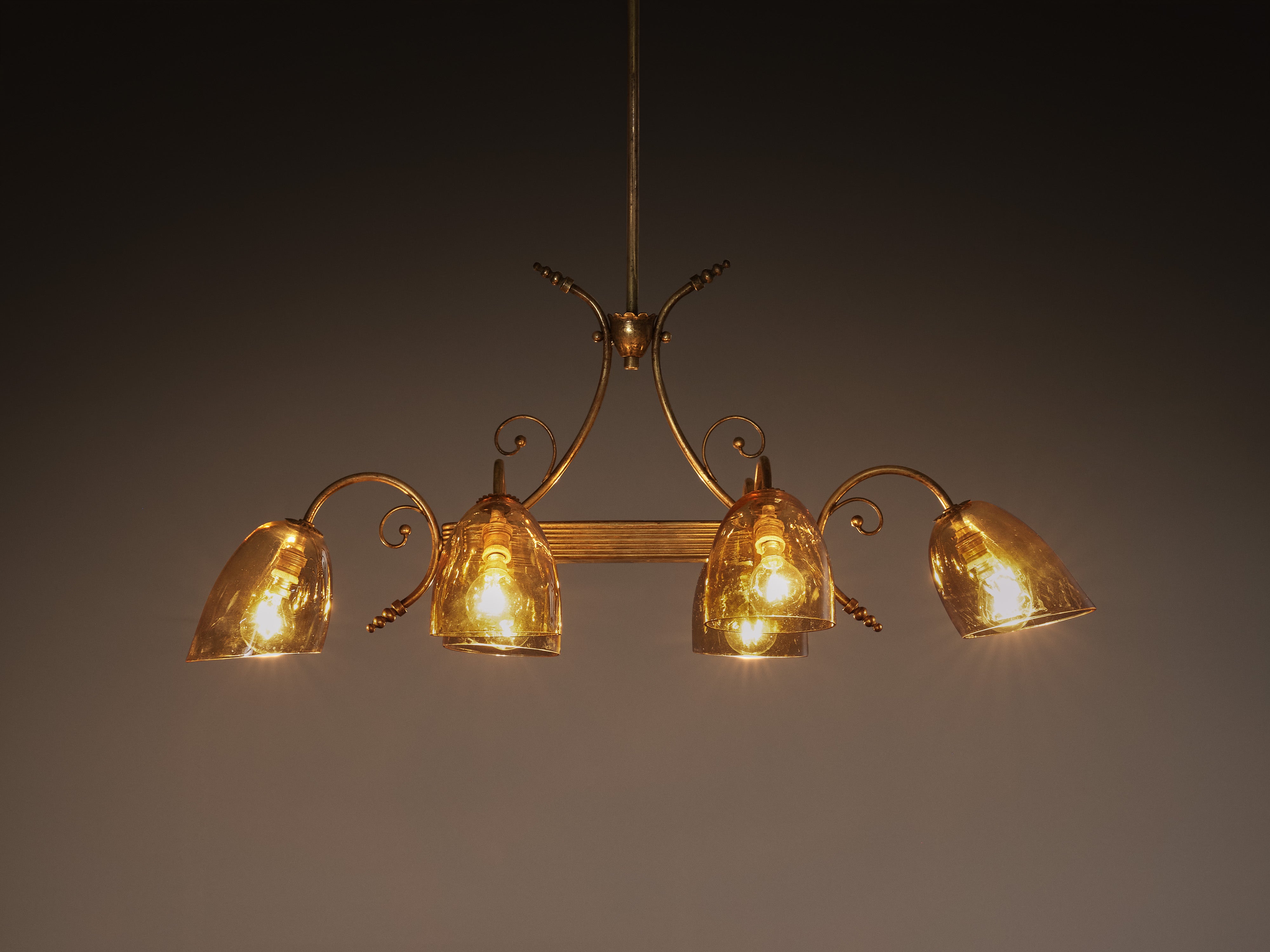 Mid-Century Italian Chandelier in Brass with Amber Glass Shades Lighting Morentz