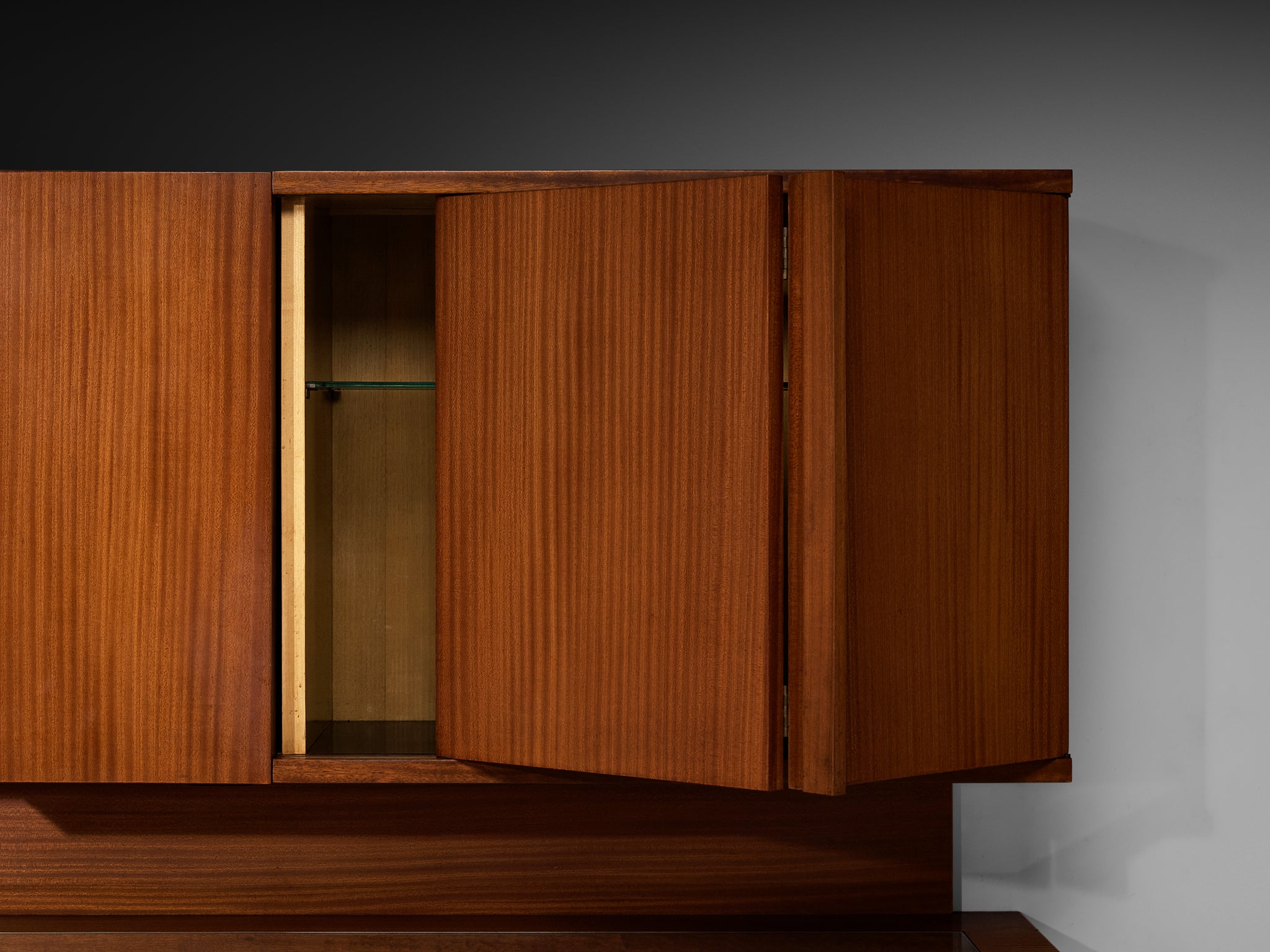 Italian Mid-Century Custom-Made Architectural Wall Unit in Mahogany Case pieces and storage cabinets Morentz