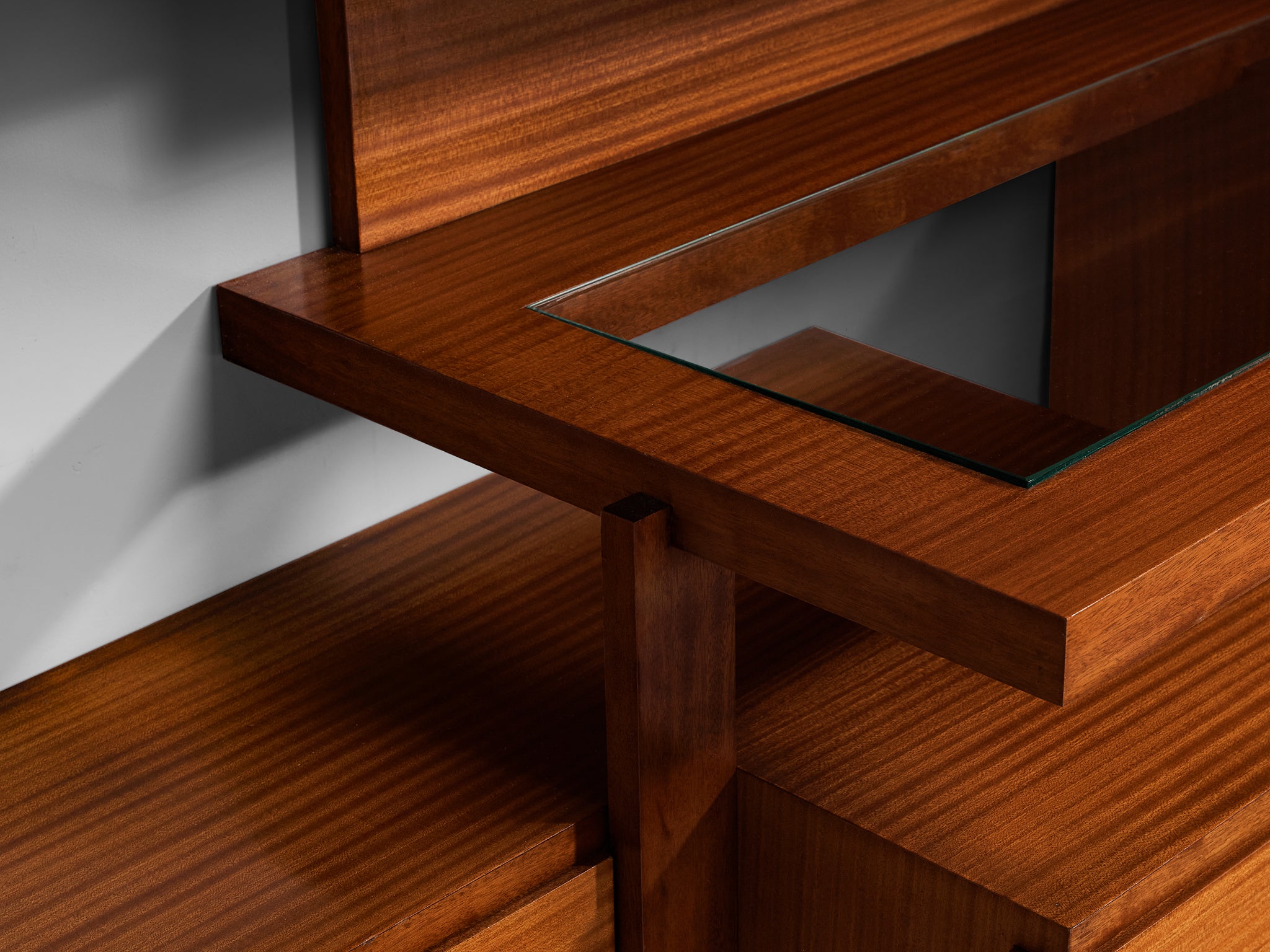 Italian Mid-Century Custom-Made Architectural Wall Unit in Mahogany