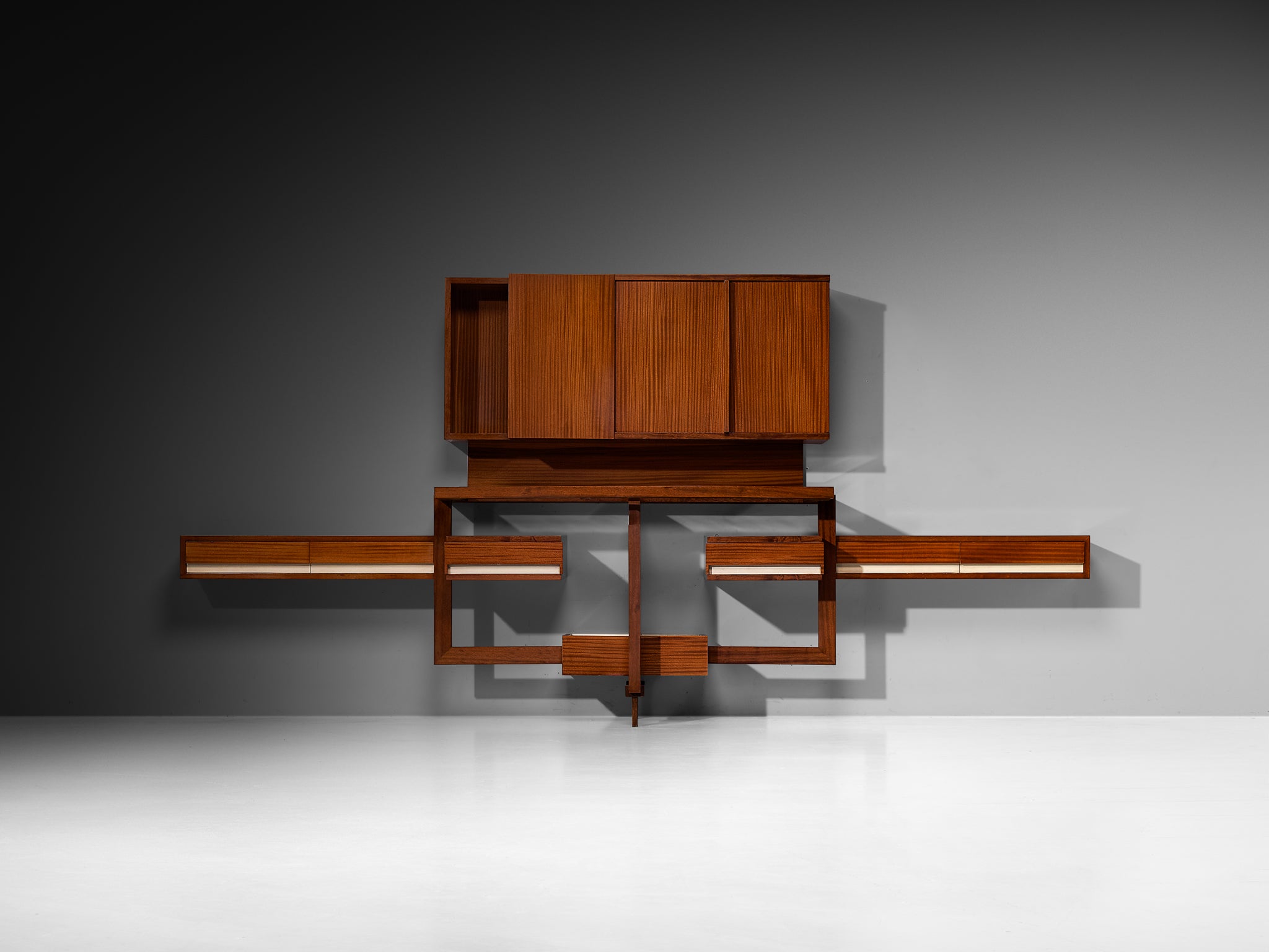 Italian Mid-Century Custom-Made Architectural Wall Unit in Mahogany Case pieces and storage cabinets Morentz