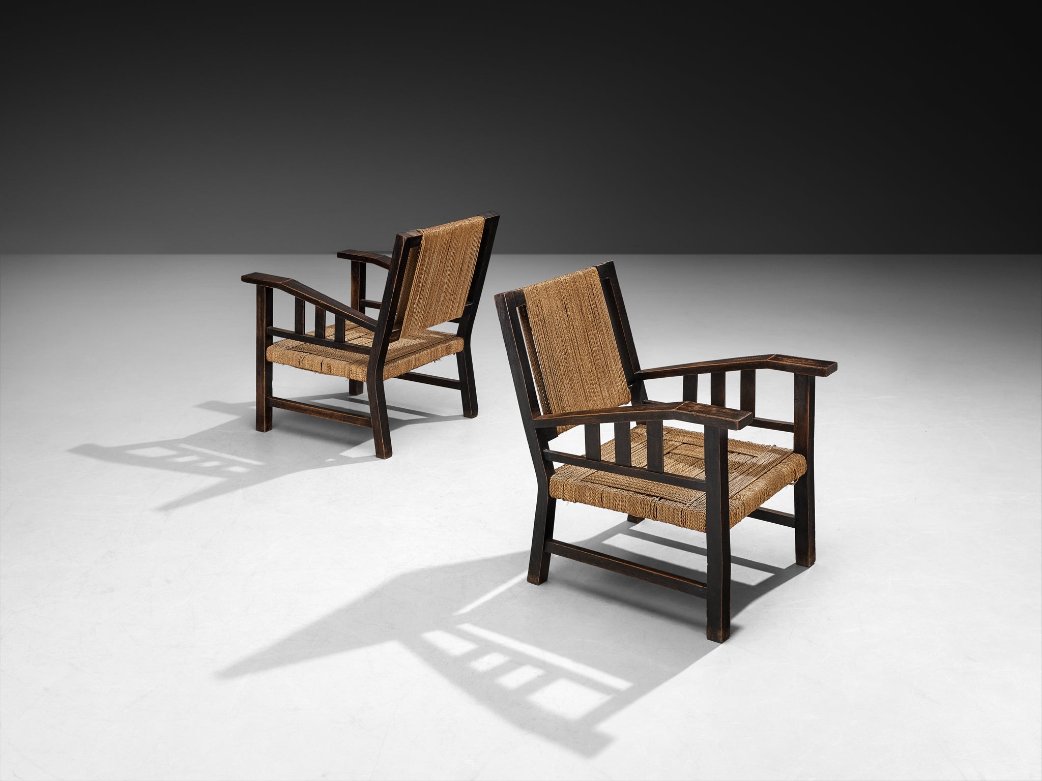Pair of Francis Jourdain Lounge Chairs in Woven Rush and Wood Seating Morentz