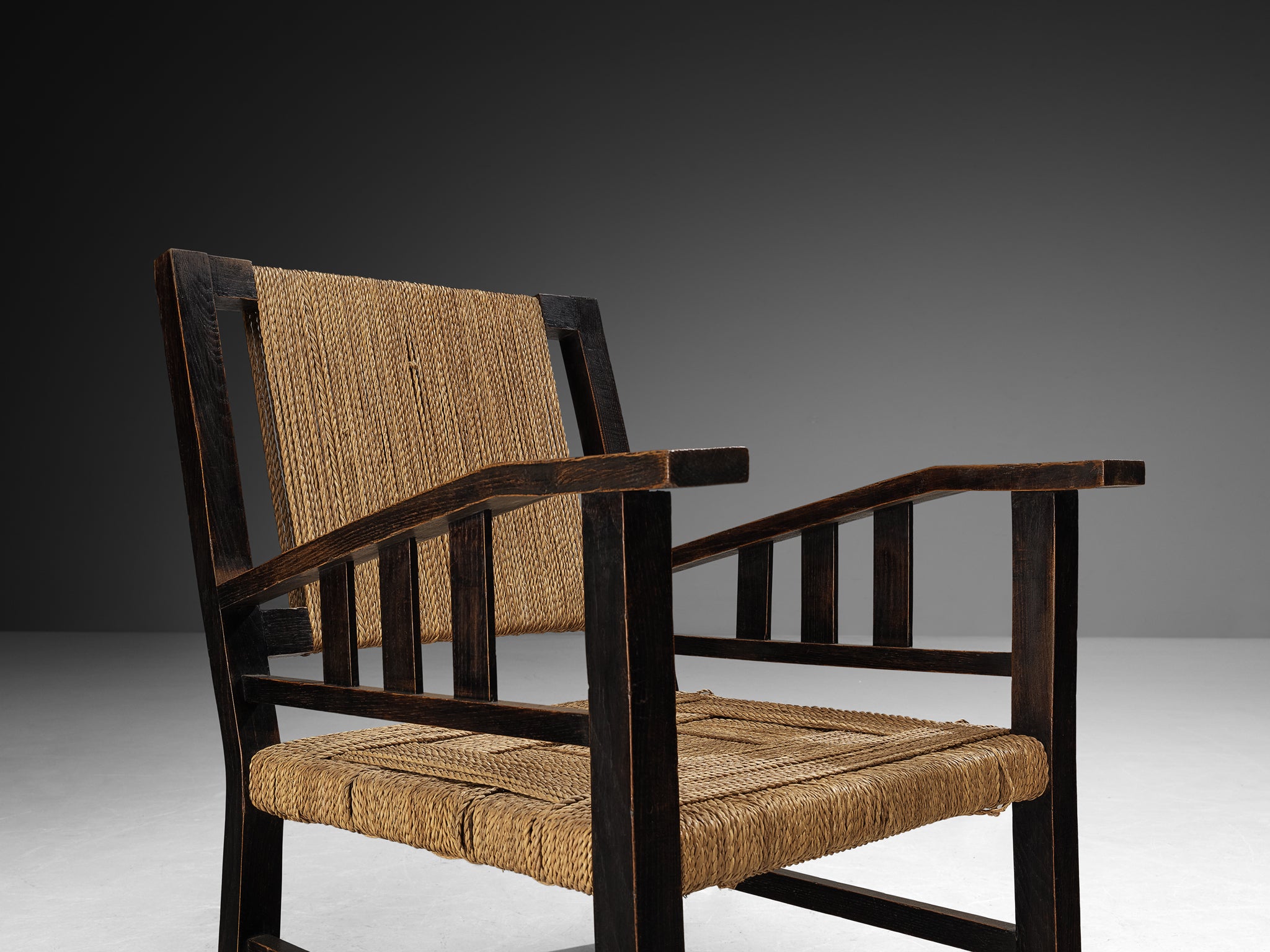 Pair of Francis Jourdain Lounge Chairs in Woven Rush and Wood Seating Morentz
