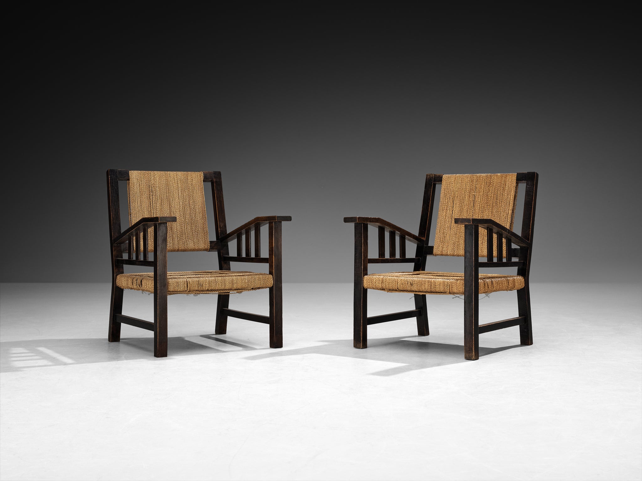 Pair of Francis Jourdain Lounge Chairs in Woven Rush and Wood Seating Morentz