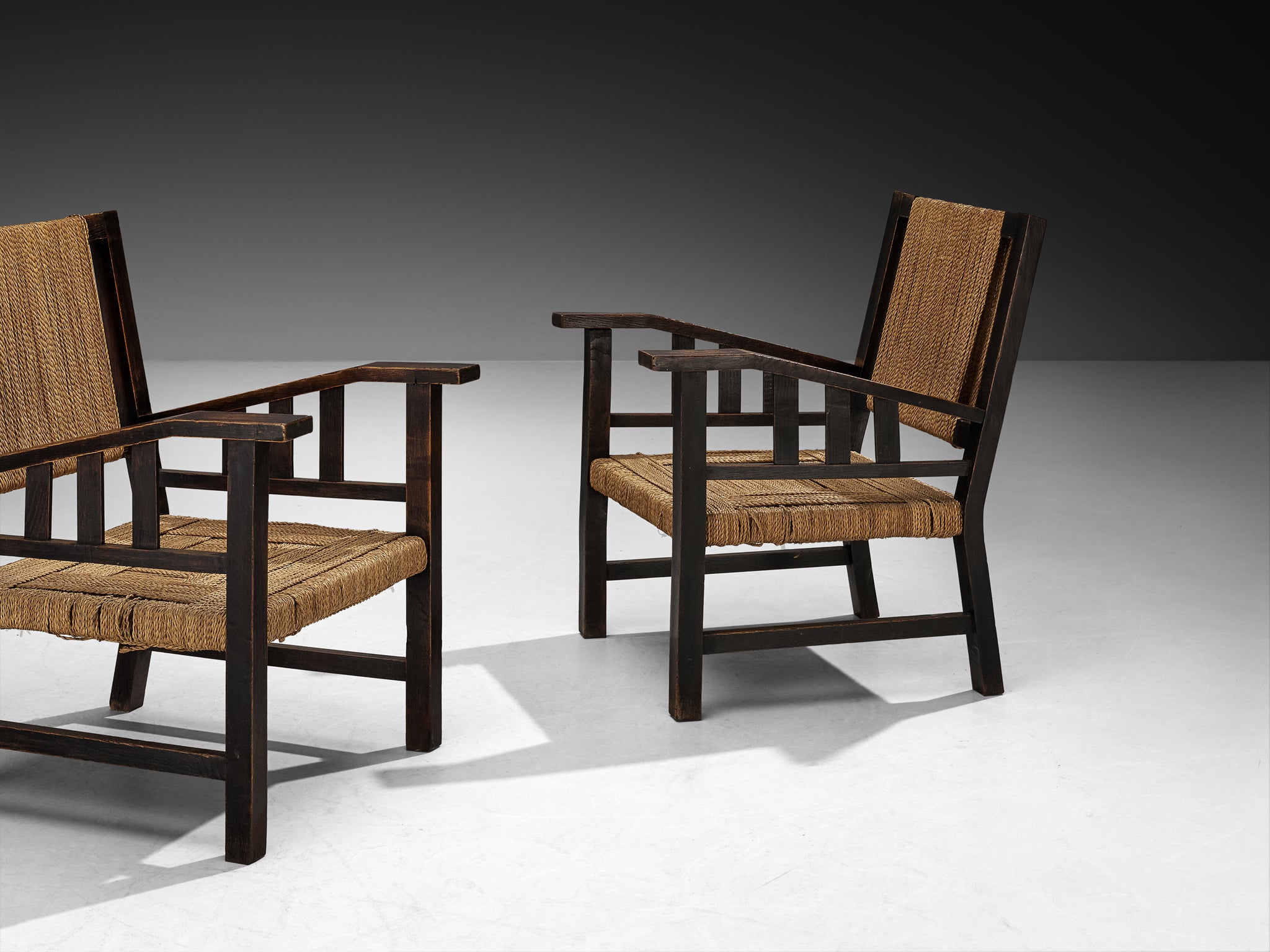 Pair of Francis Jourdain Lounge Chairs in Woven Rush and Wood Seating Morentz