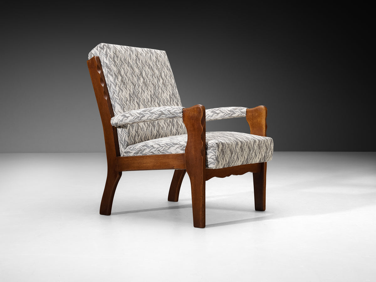 Pair of Lounge Chairs with Curved Front Legs in Oak and Fabric 1940s Seating Morentz
