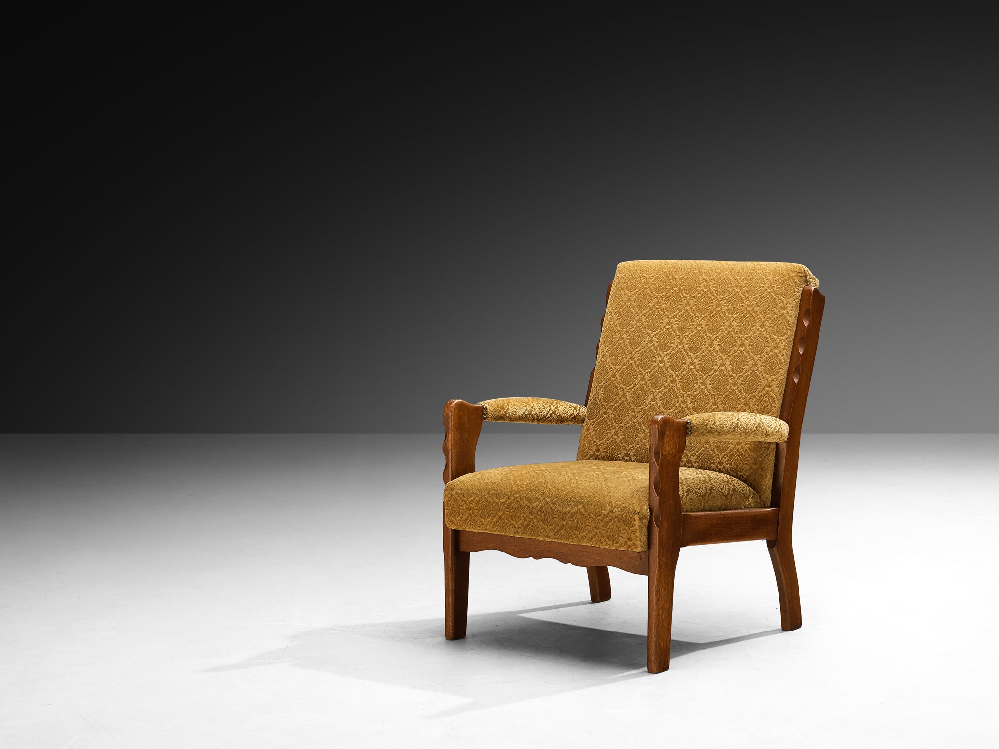 Pair of Lounge Chairs with Curved Front Legs in Oak and Fabric 1940s Seating Morentz