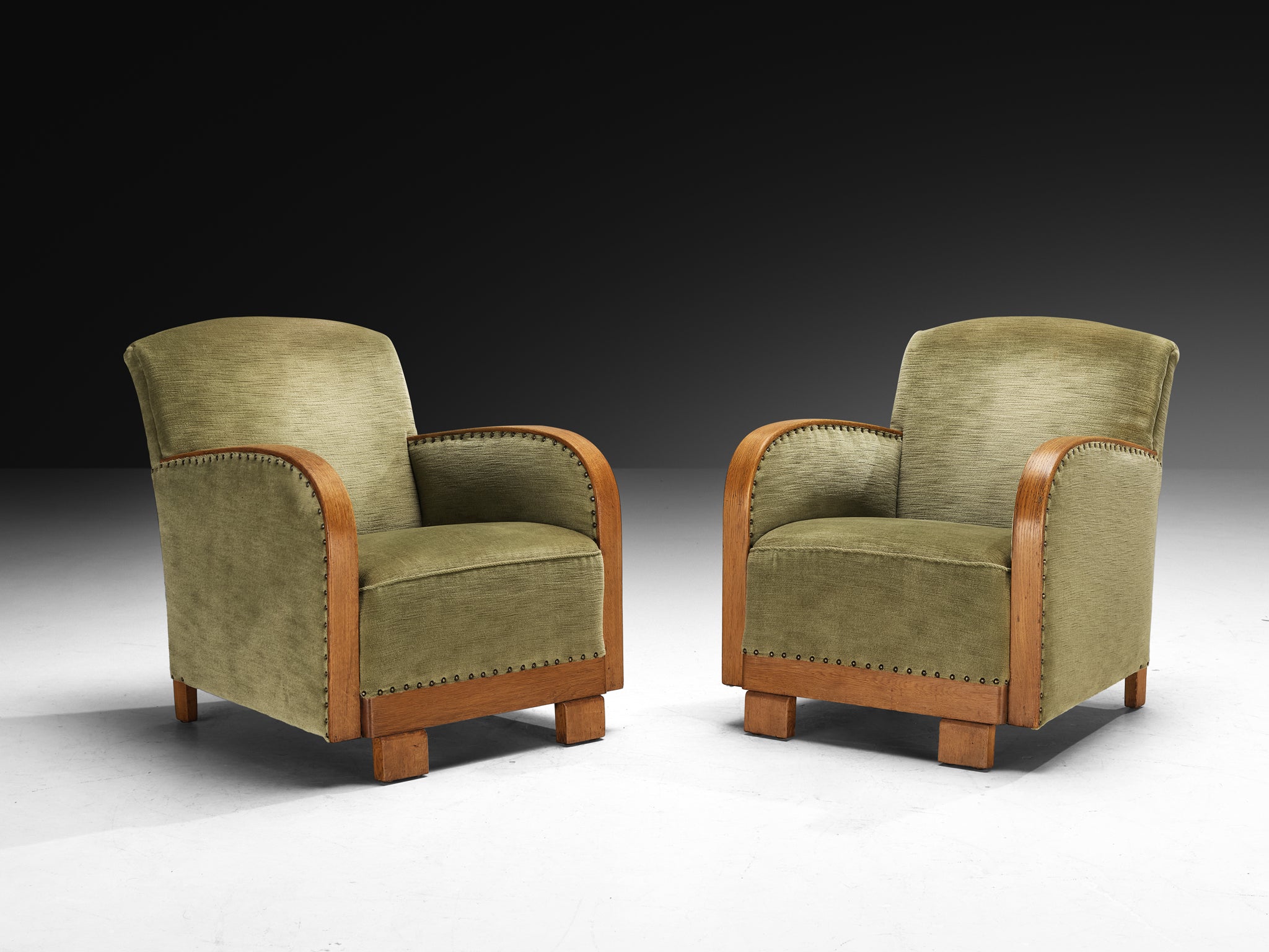 Art Deco Pair of Lounge Chairs in Oak and Muted Green Fabric Seating Morentz
