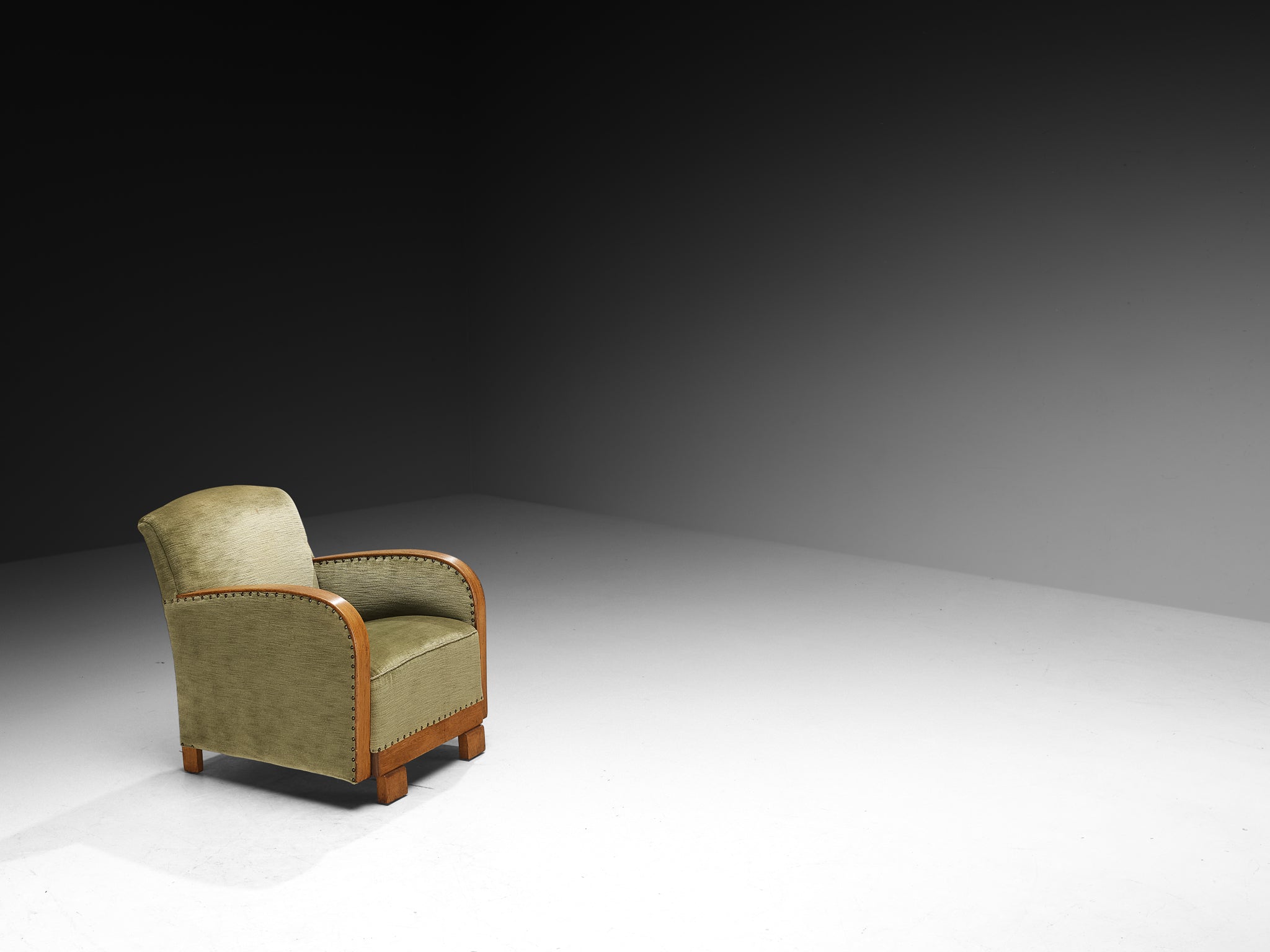 Art Deco Pair of Lounge Chairs in Oak and Muted Green Fabric Seating Morentz