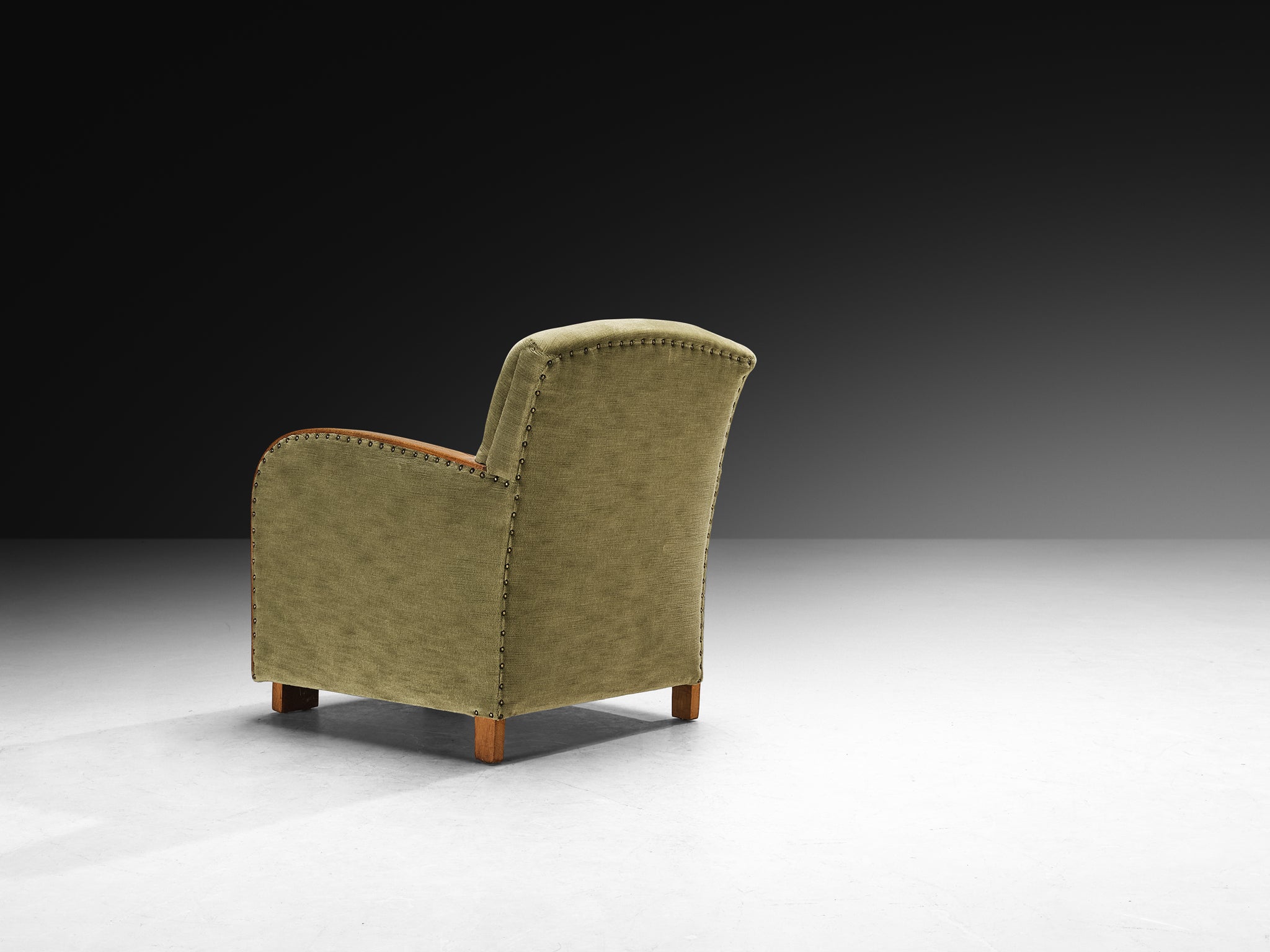 Art Deco Pair of Lounge Chairs in Oak and Muted Green Fabric Seating Morentz