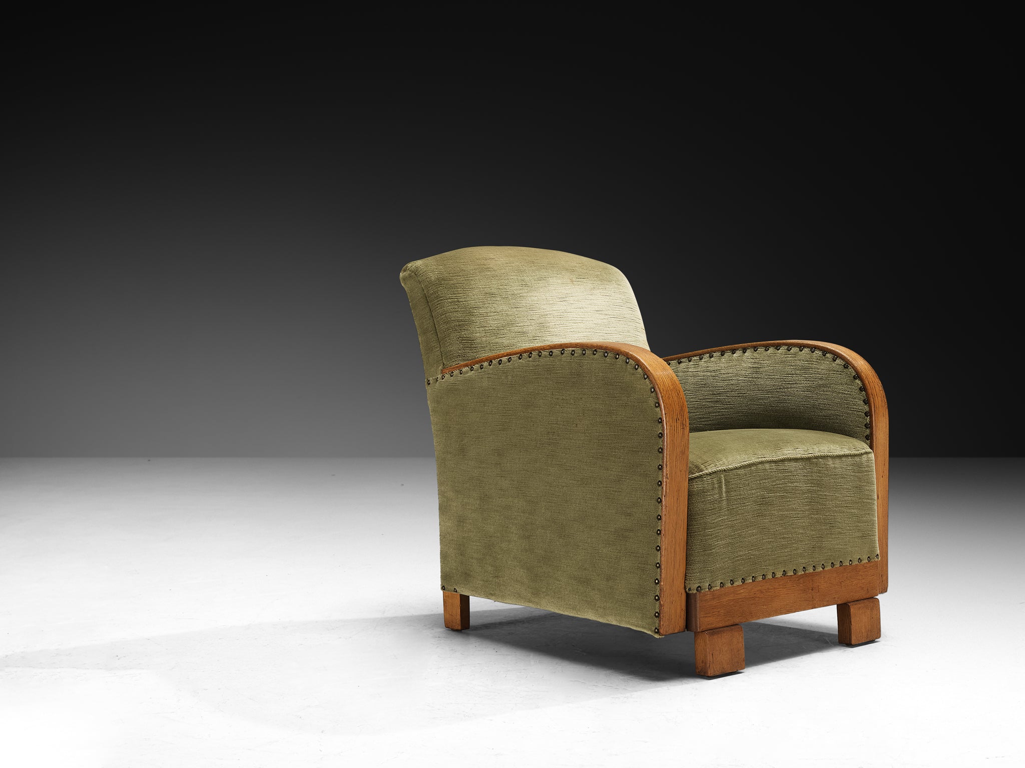 Art Deco Pair of Lounge Chairs in Oak and Muted Green Fabric Seating Morentz