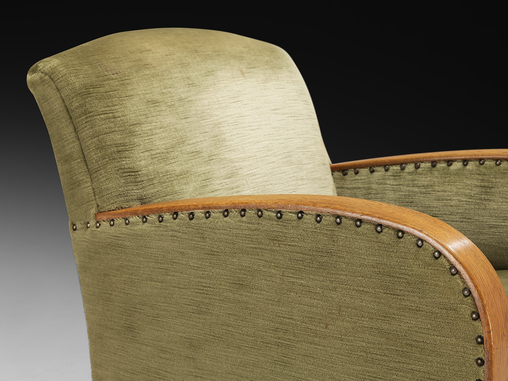 Art Deco Pair of Lounge Chairs in Oak and Muted Green Fabric Seating Morentz