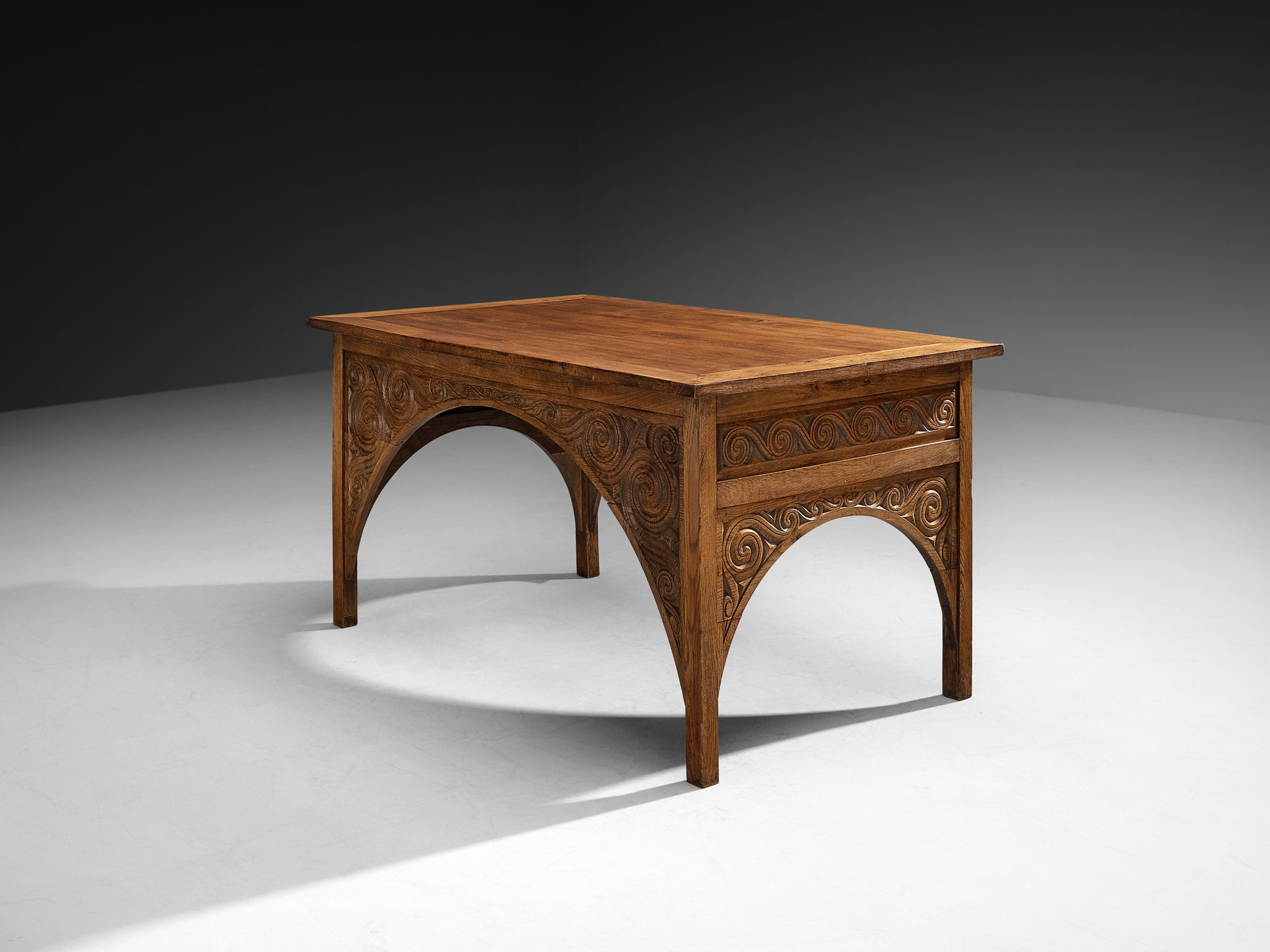 Rare Carved Desk in Solid Oak by Breton Artist Jacques Philippe Tables Morentz