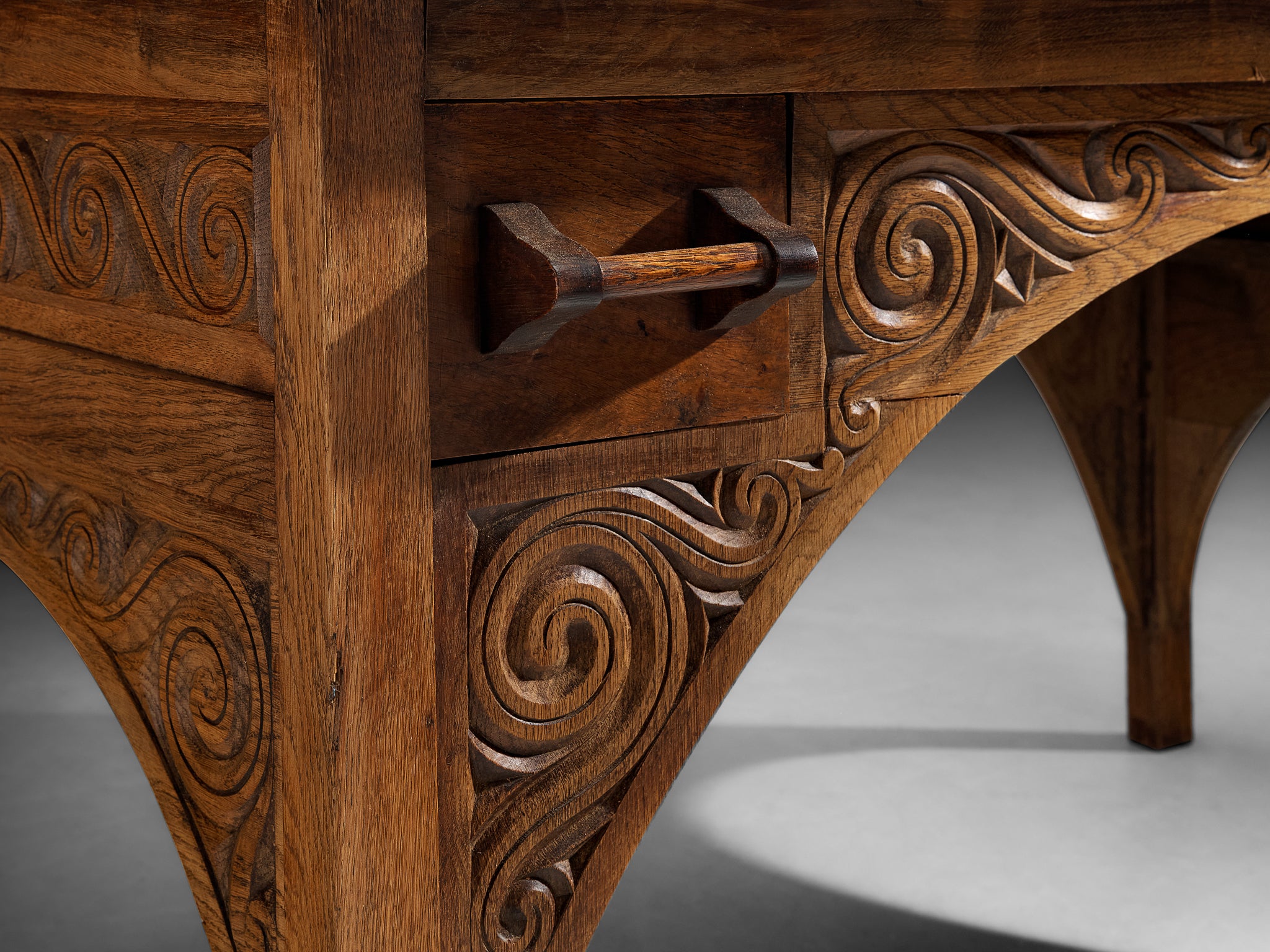 Rare Carved Desk in Solid Oak by Breton Artist Jacques Philippe Tables Morentz