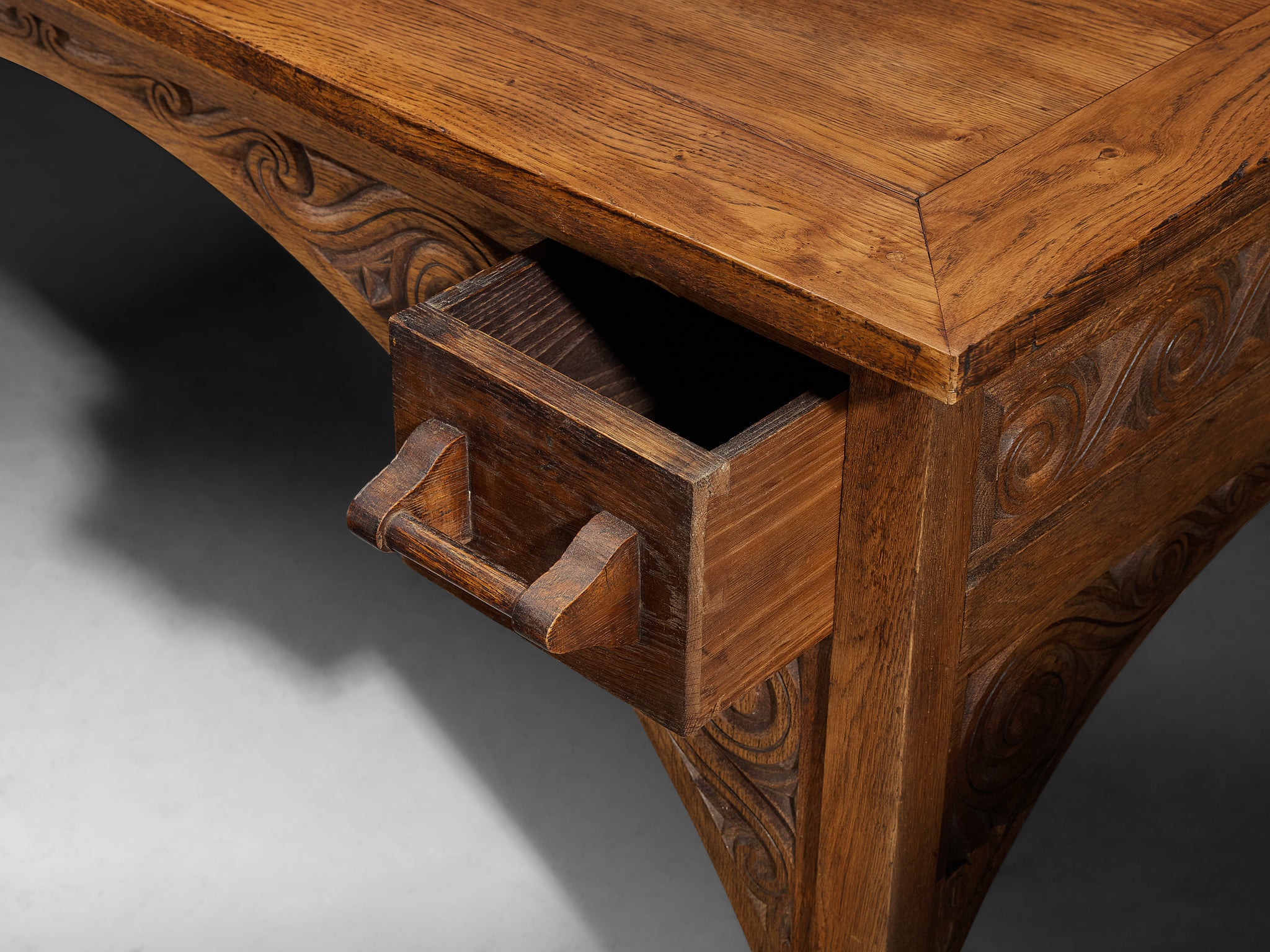 Rare Carved Desk in Solid Oak by Breton Artist Jacques Philippe Tables Morentz