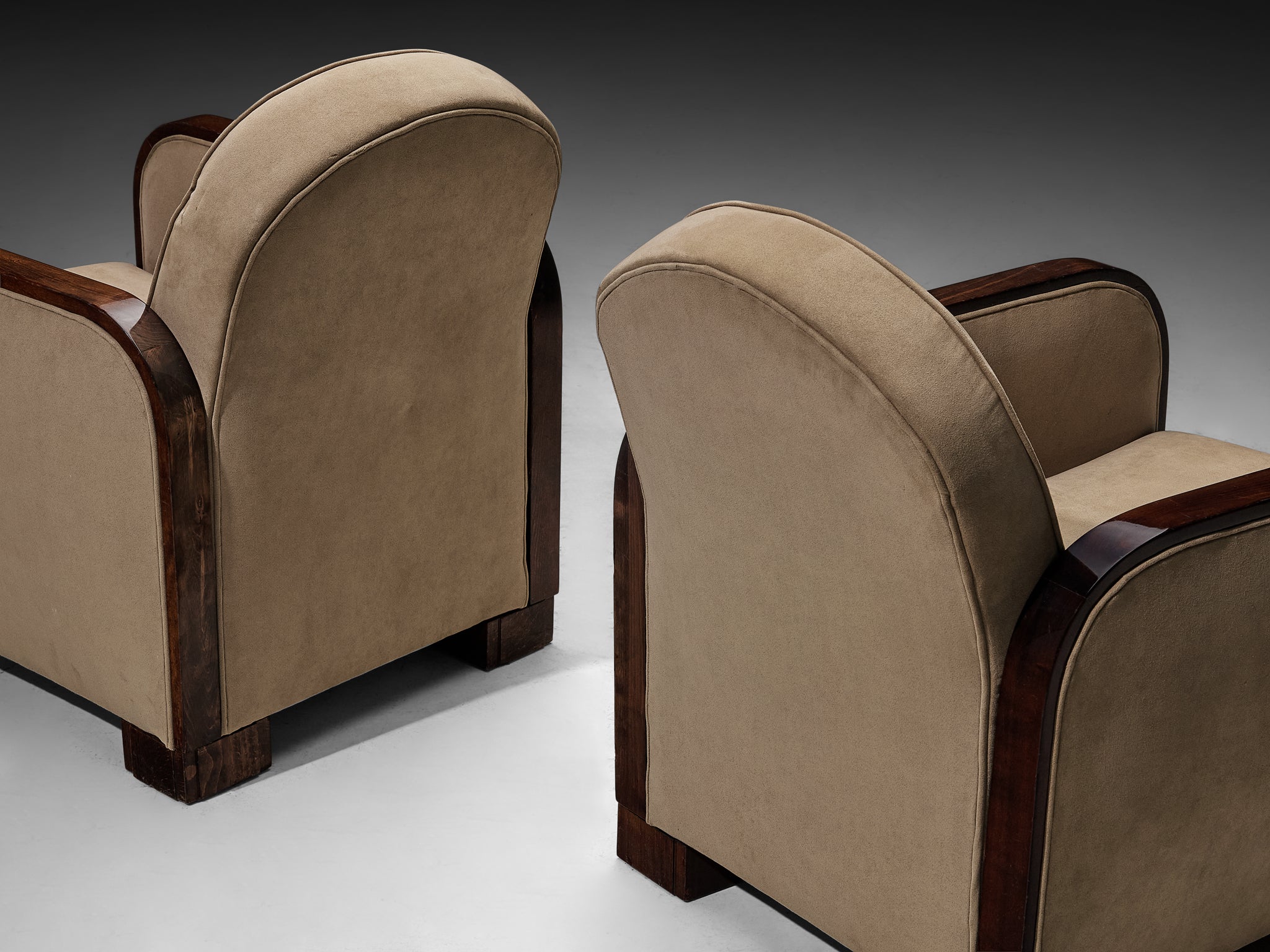1930s Pair of French Art Deco Lounge Chairs in Light Creme Fabric and Wood Seating Morentz