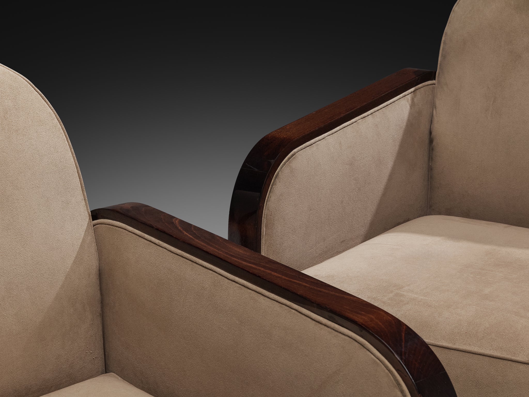 1930s Pair of French Art Deco Lounge Chairs in Light Creme Fabric and Wood Seating Morentz