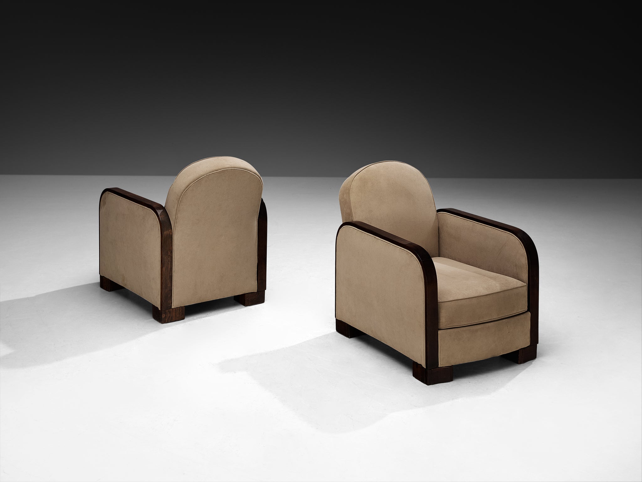 1930s Pair of French Art Deco Lounge Chairs in Light Creme Fabric and Wood Seating Morentz