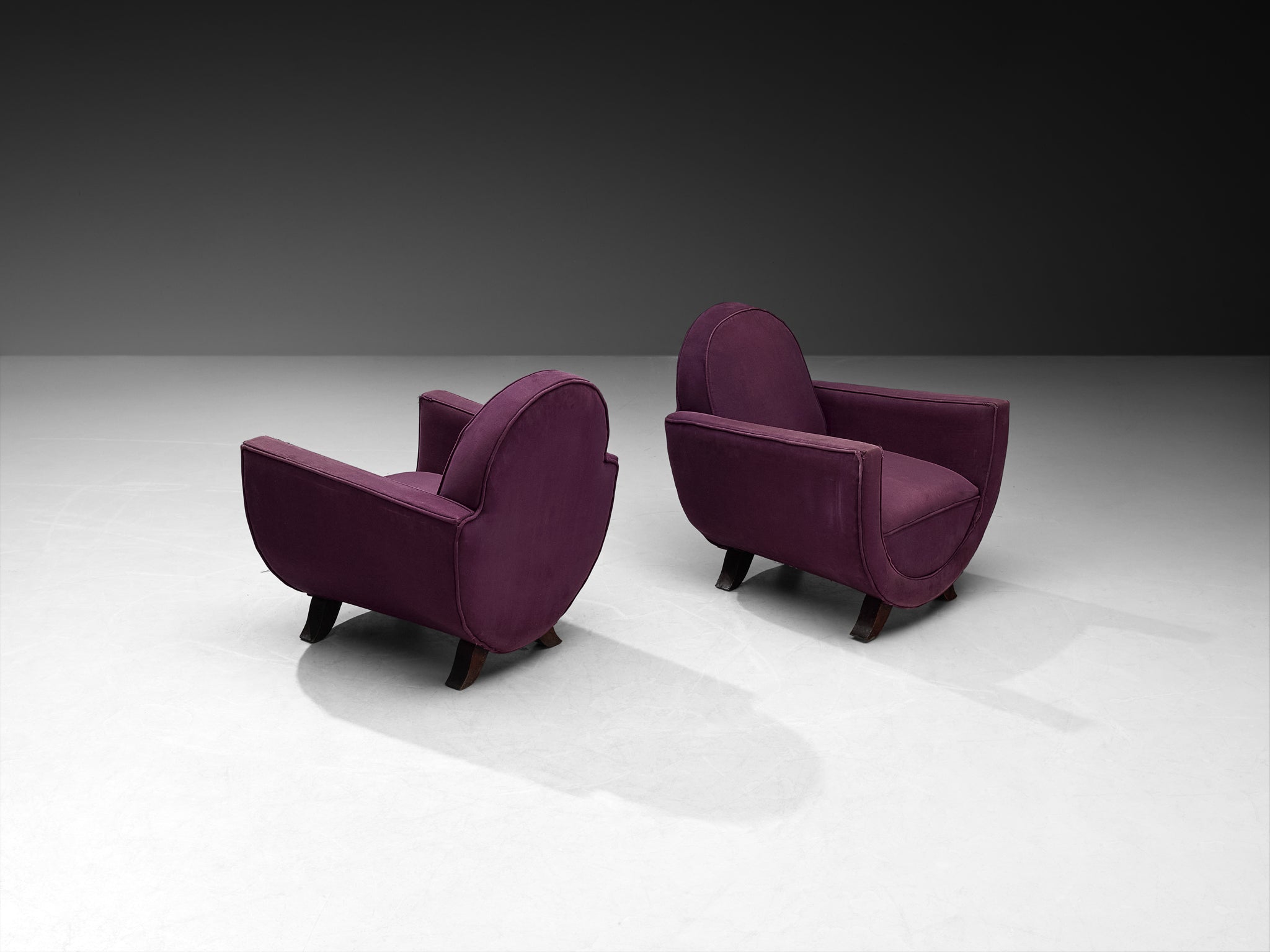 Pair of French Art Deco Lounge Chairs in Purple Fabric and Wooden Frames Seating Morentz