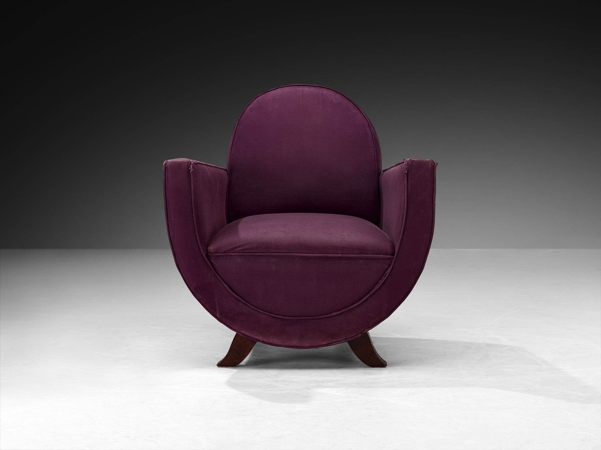 Pair of French Art Deco Lounge Chairs in Purple Fabric and Wooden Frames Seating Morentz