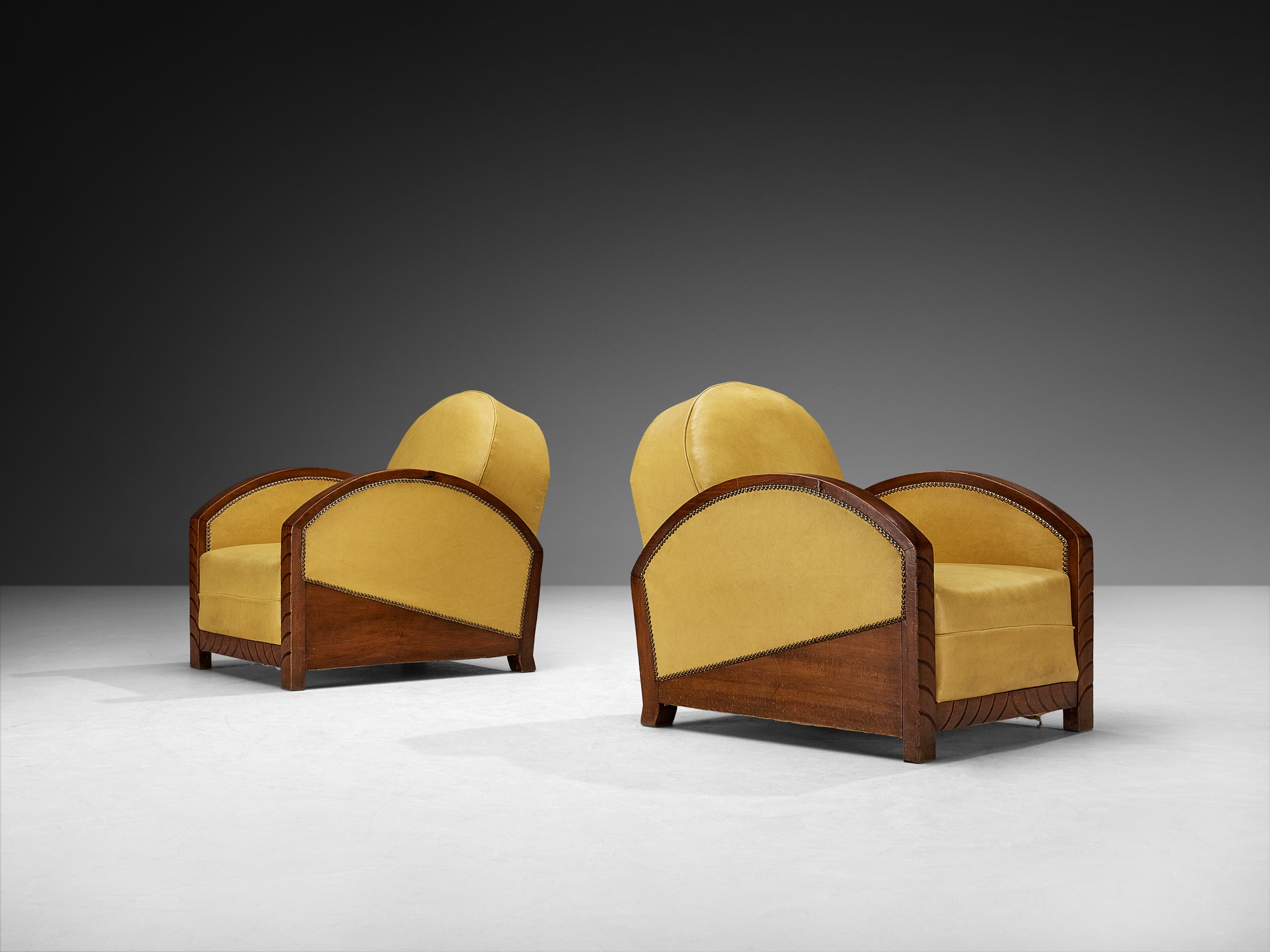 Pair of French Art Deco Lounge Chairs in Wood and Yellow Leatherette Seating Morentz