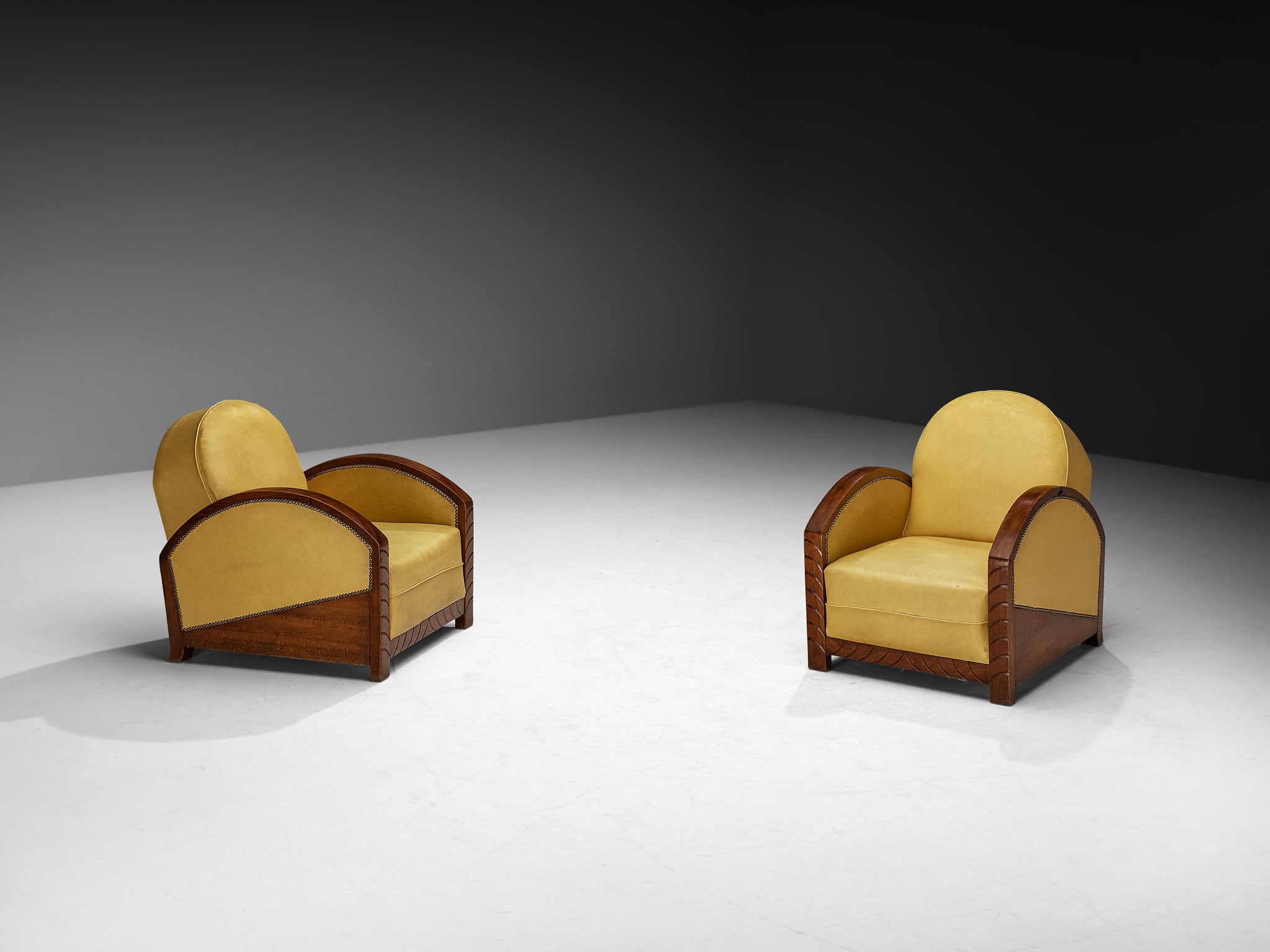 Pair of French Art Deco Lounge Chairs in Wood and Yellow Leatherette Seating Morentz