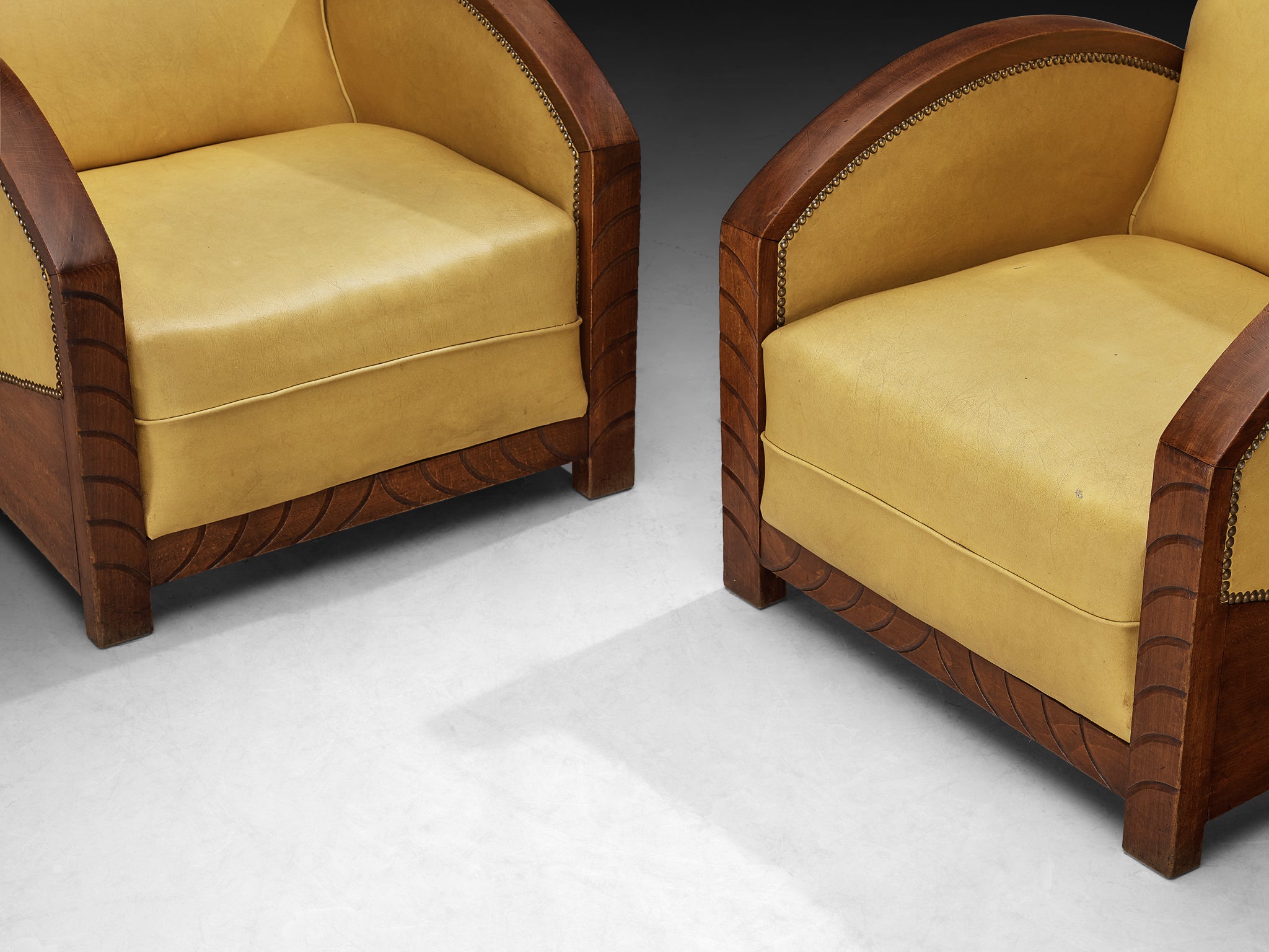 Pair of French Art Deco Lounge Chairs in Wood and Yellow Leatherette