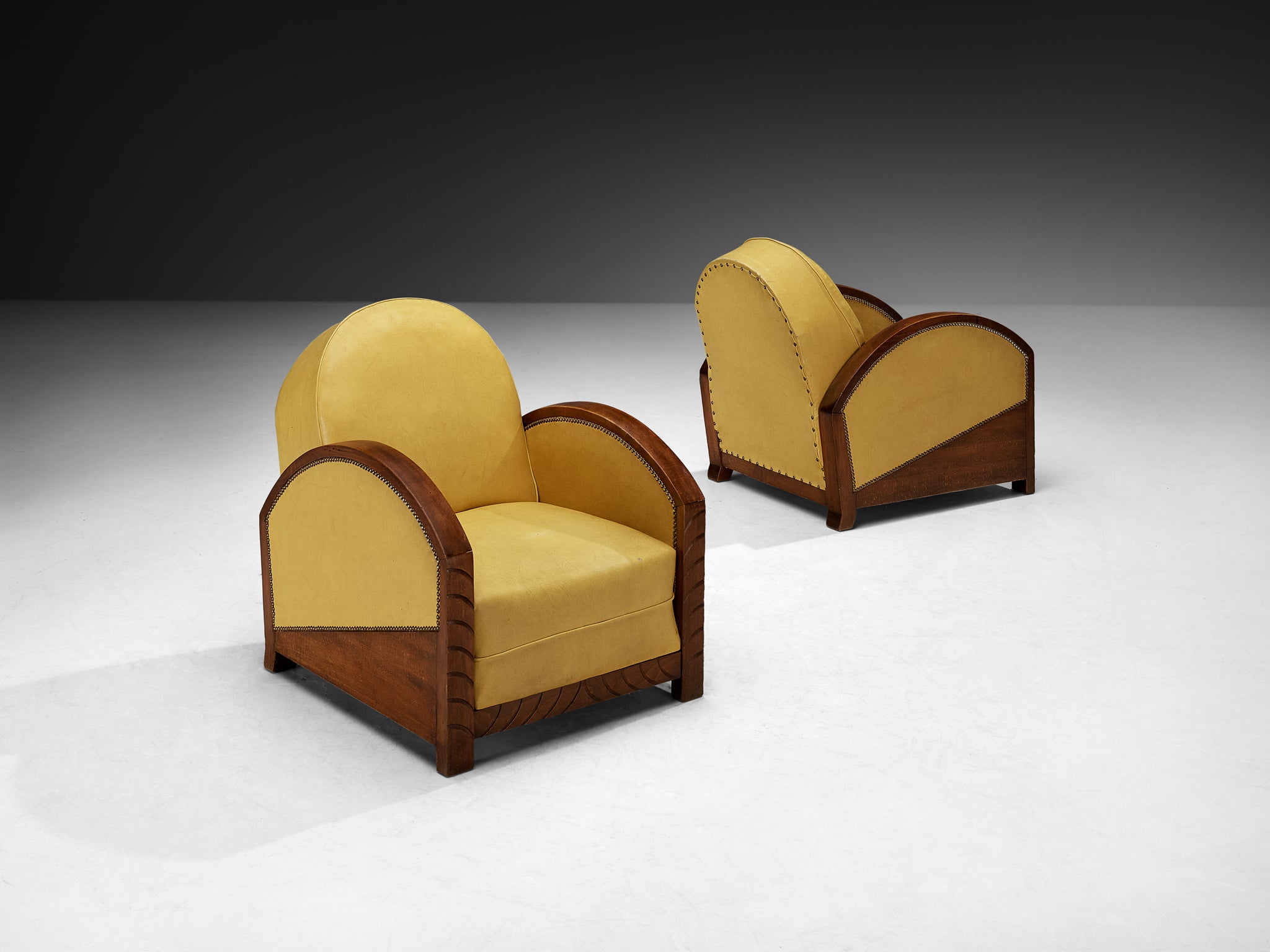 Pair of French Art Deco Lounge Chairs in Wood and Yellow Leatherette