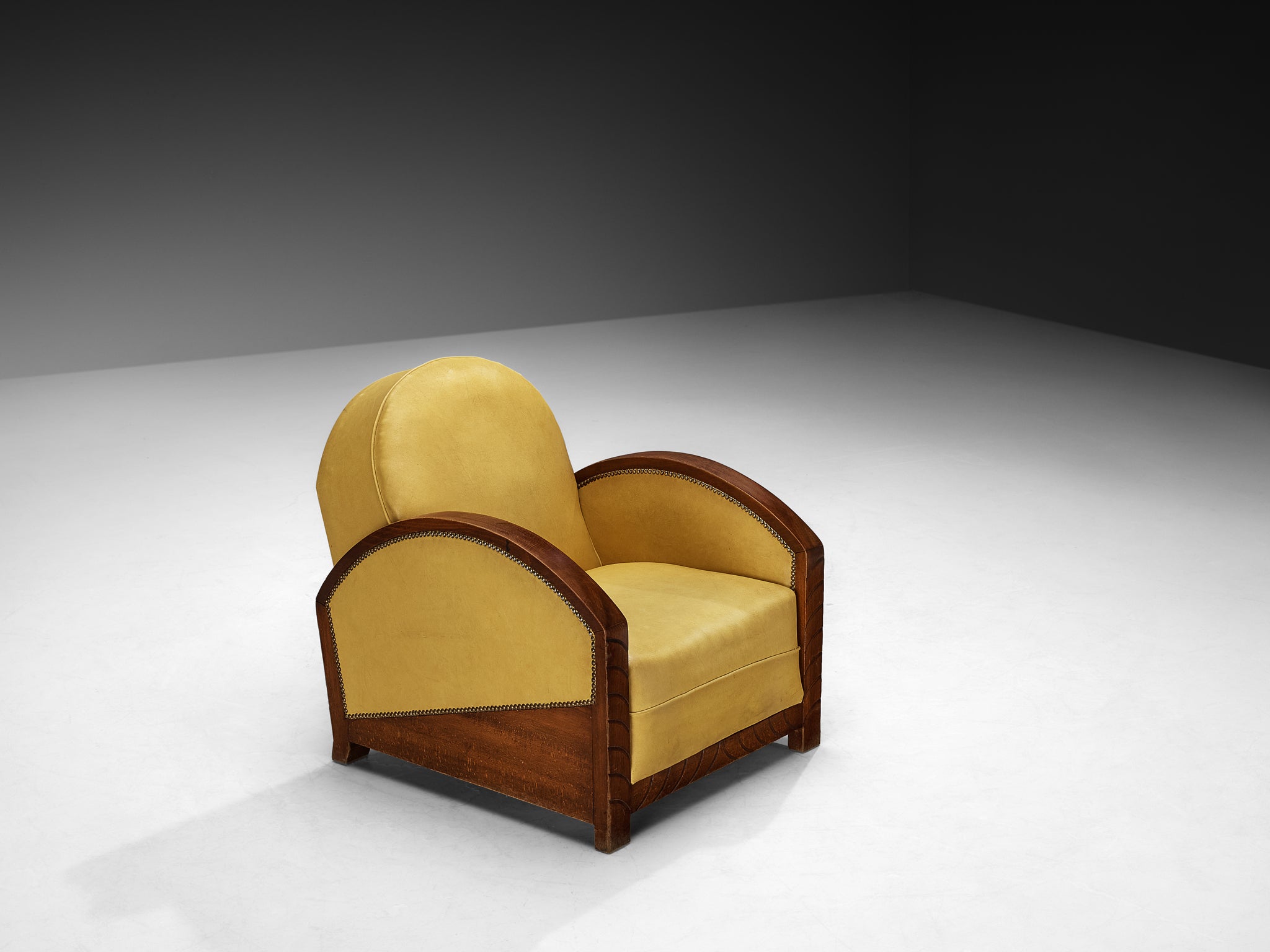 Pair of French Art Deco Lounge Chairs in Wood and Yellow Leatherette Seating Morentz