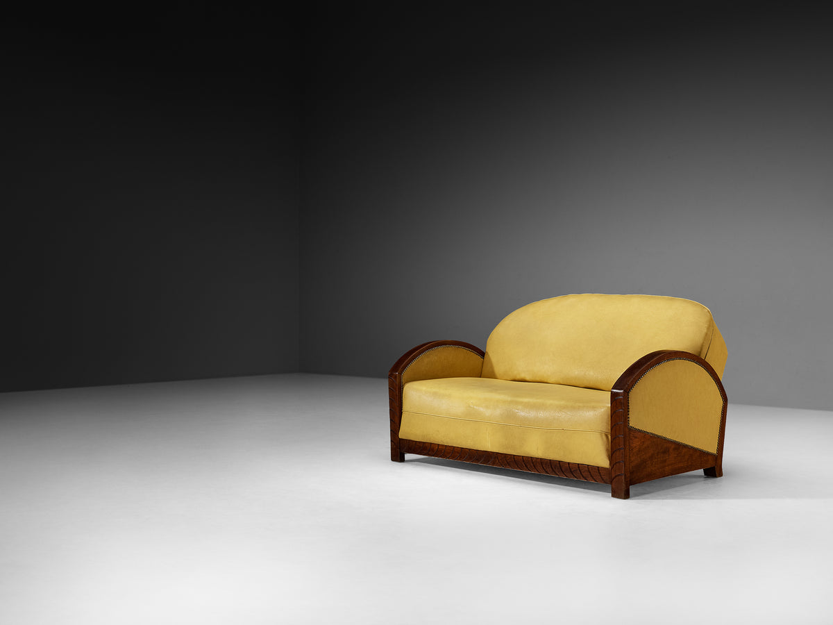 French Art Deco Two Seat Sofa in Wood and Yellow Leatherette Seating Morentz