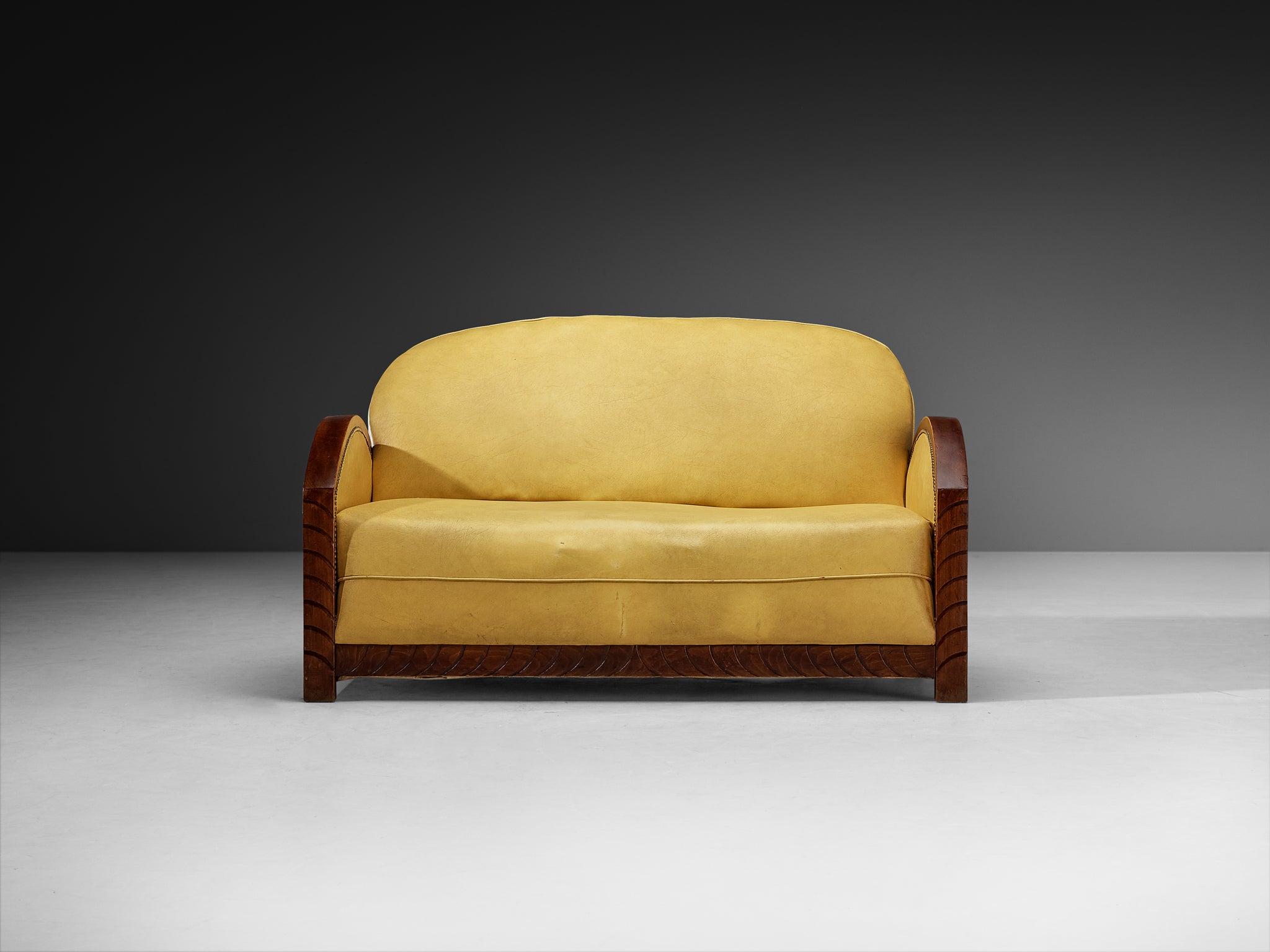 French Art Deco Two Seat Sofa in Wood and Yellow Leatherette Seating Morentz