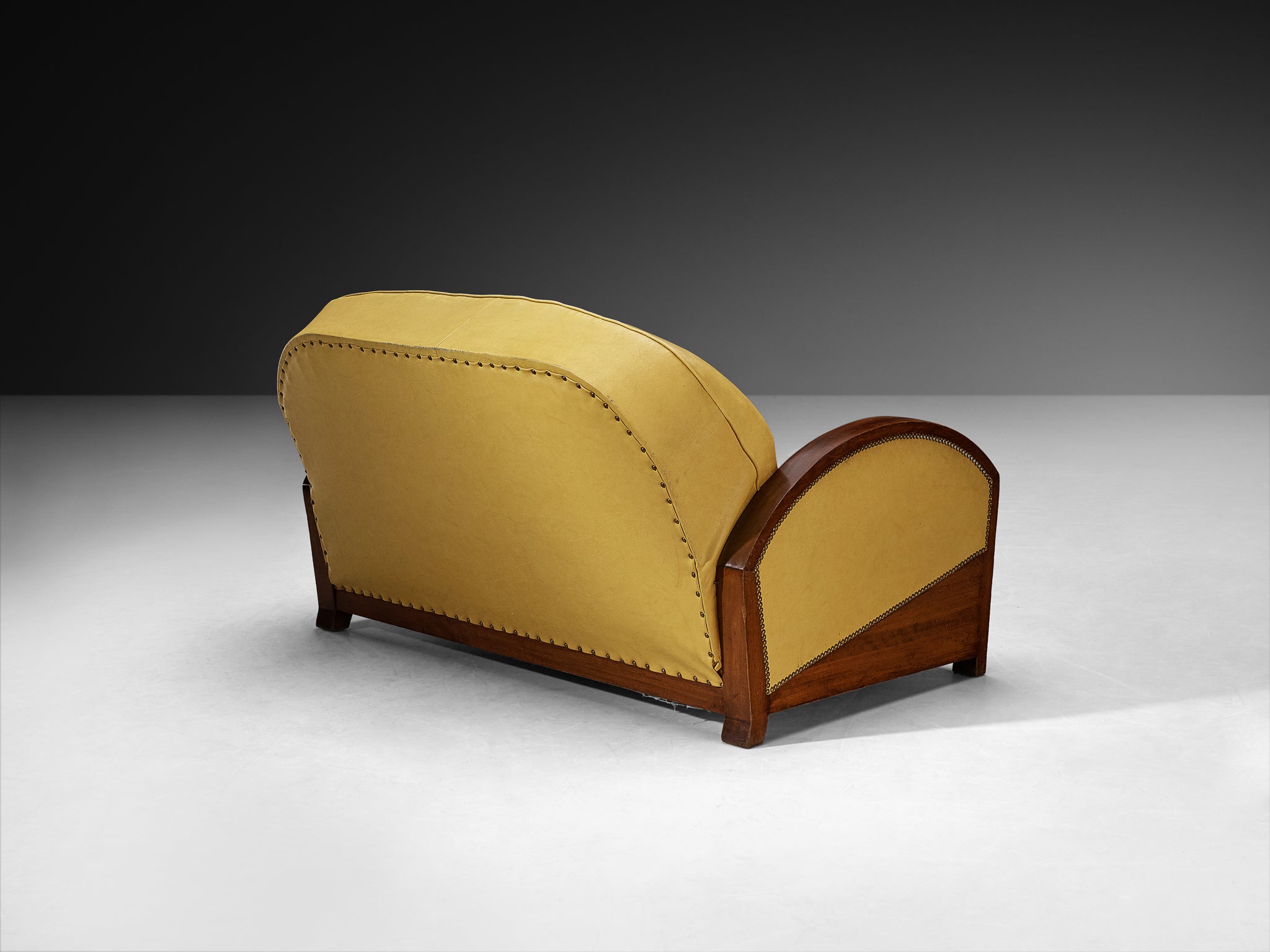 French Art Deco Two Seat Sofa in Wood and Yellow Leatherette Seating Morentz