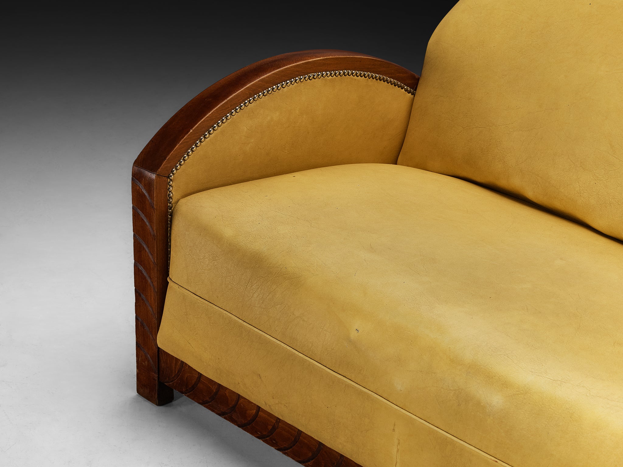 French Art Deco Two Seat Sofa in Wood and Yellow Leatherette Seating Morentz