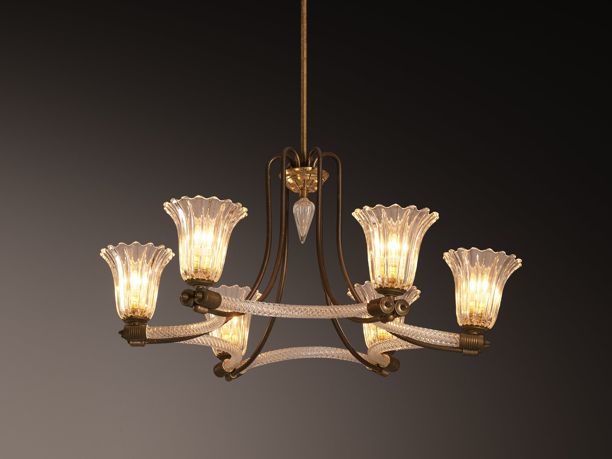 Italian Art Deco Chandelier in Glass and Brass with Flower-Shaped Shades Lighting Morentz
