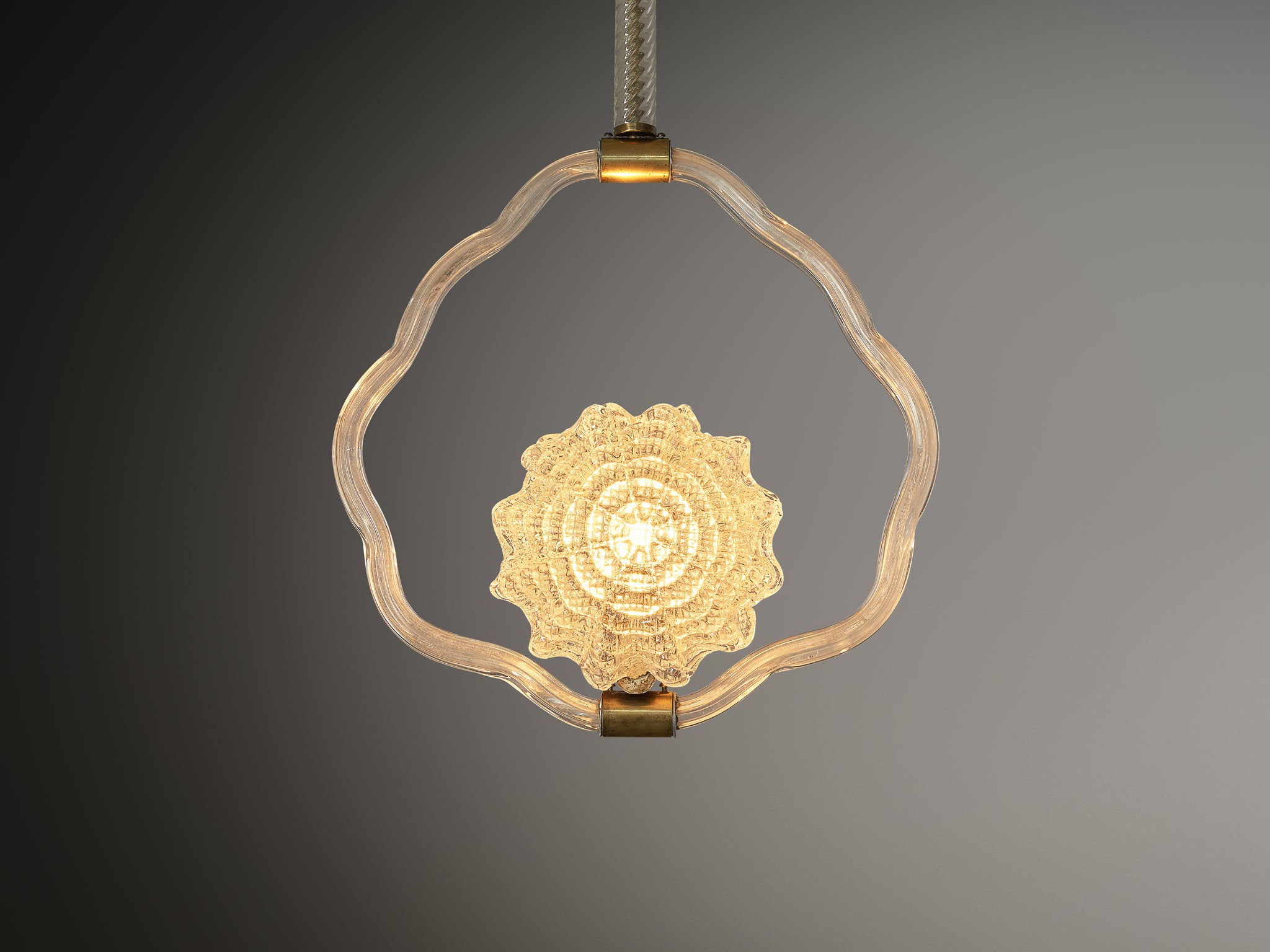 1940s Italian Art Deco Pendant Lamp with Sun Motif Centre in Glass and Brass Lighting Morentz