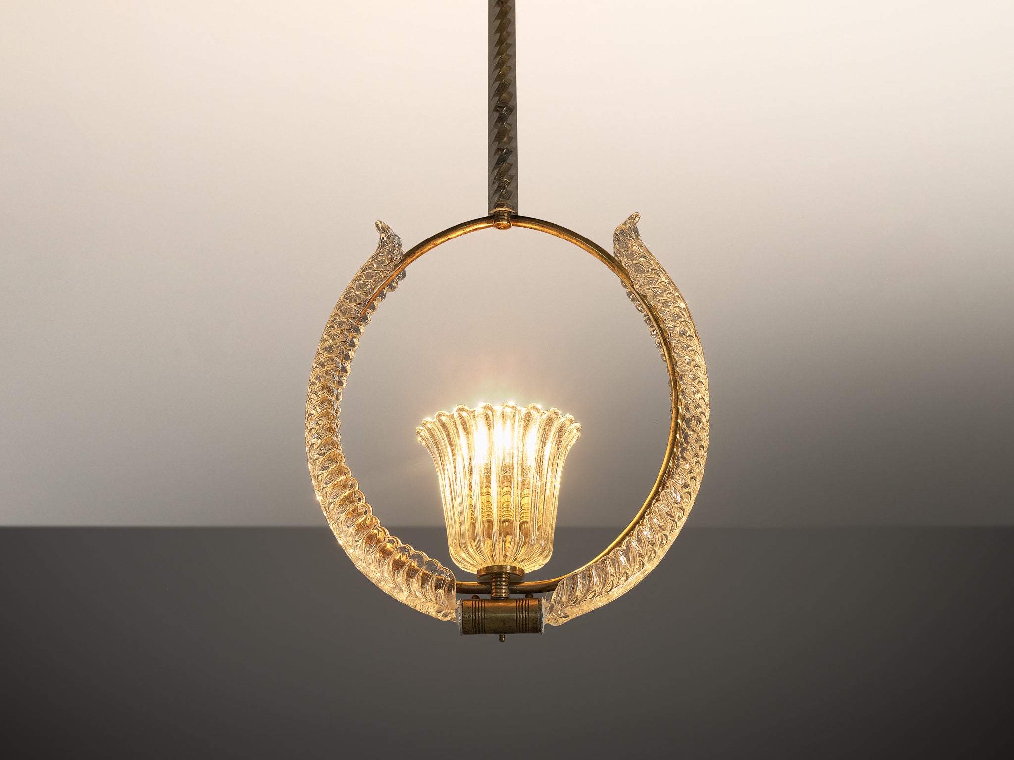 1940s Italian Art Deco Pendant Lamp with Chalice-Shaped Centre in Glass and Brass Lighting Morentz