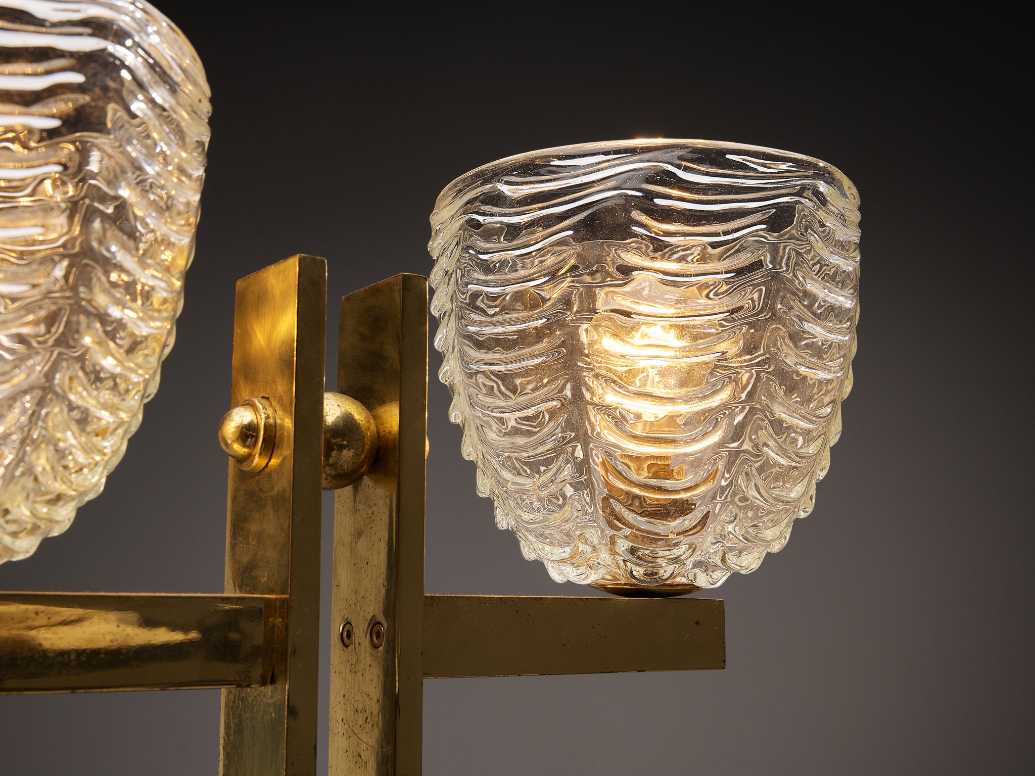 Pair of Mid-Century Modern Italian Brass Floor Lamps with Textured Glass Bulbs