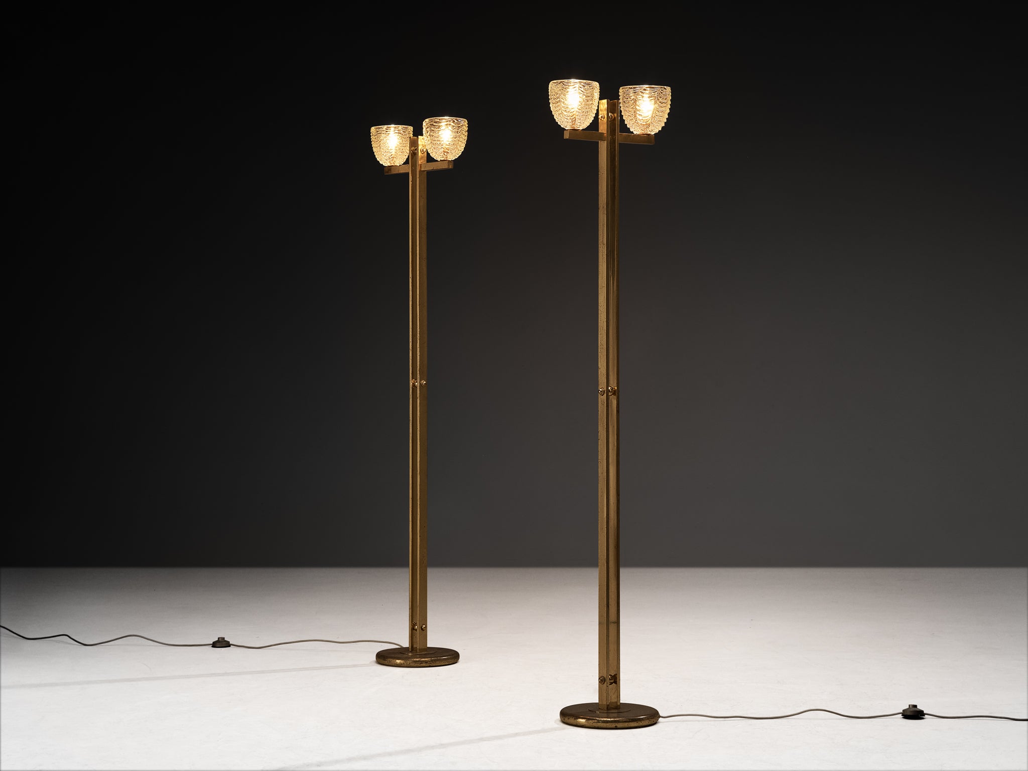 Pair of Mid-Century Modern Italian Brass Floor Lamps with Textured Glass Bulbs